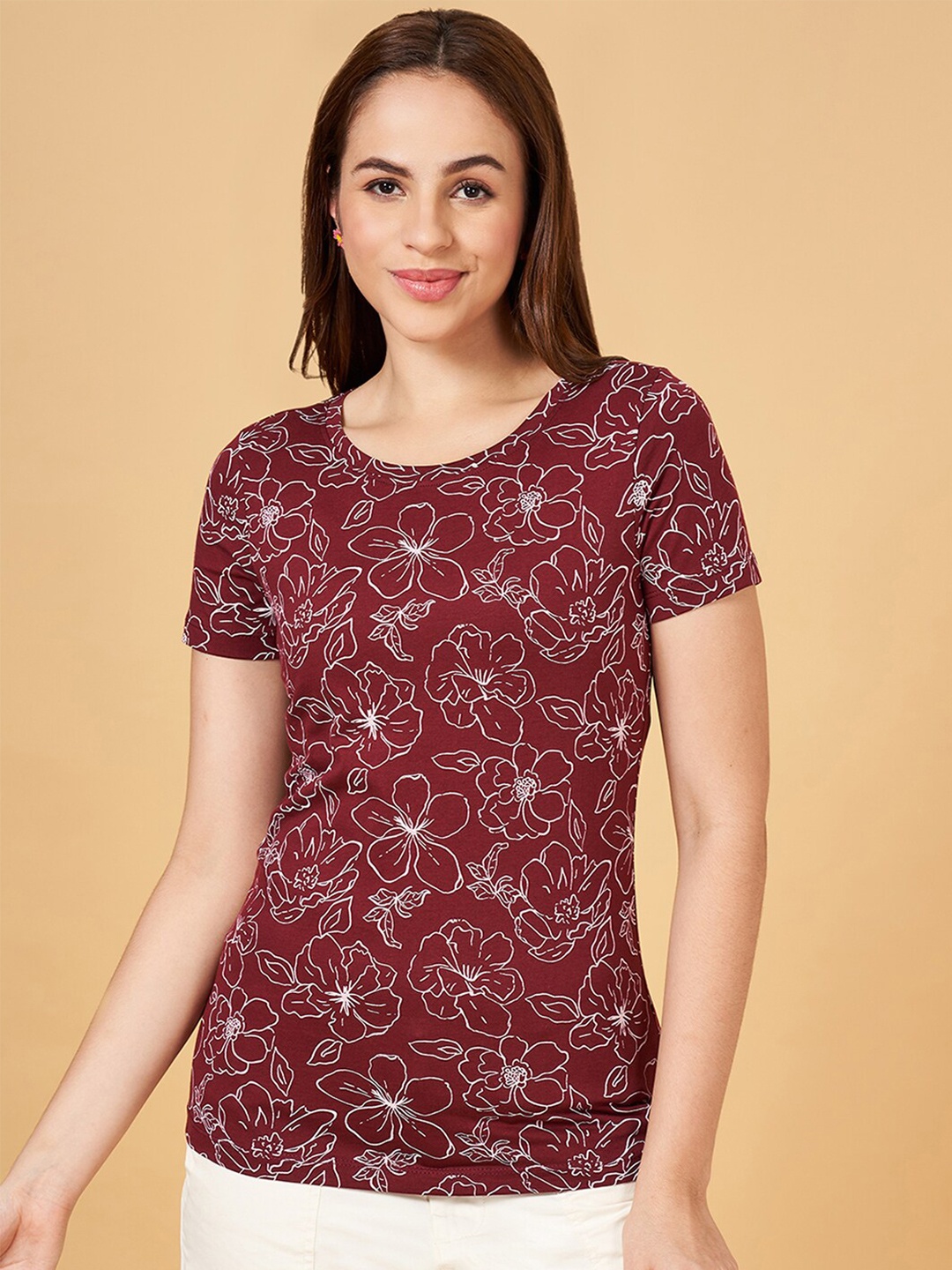 

Honey by Pantaloons Floral Printed Cotton T-Shirt, Maroon