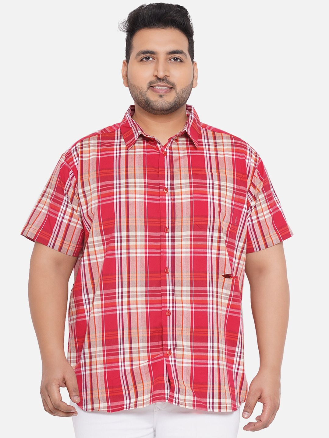 

Santonio Plus Size Classic Tartan Checks Opaque Pure Cotton Casual Shirt, Red