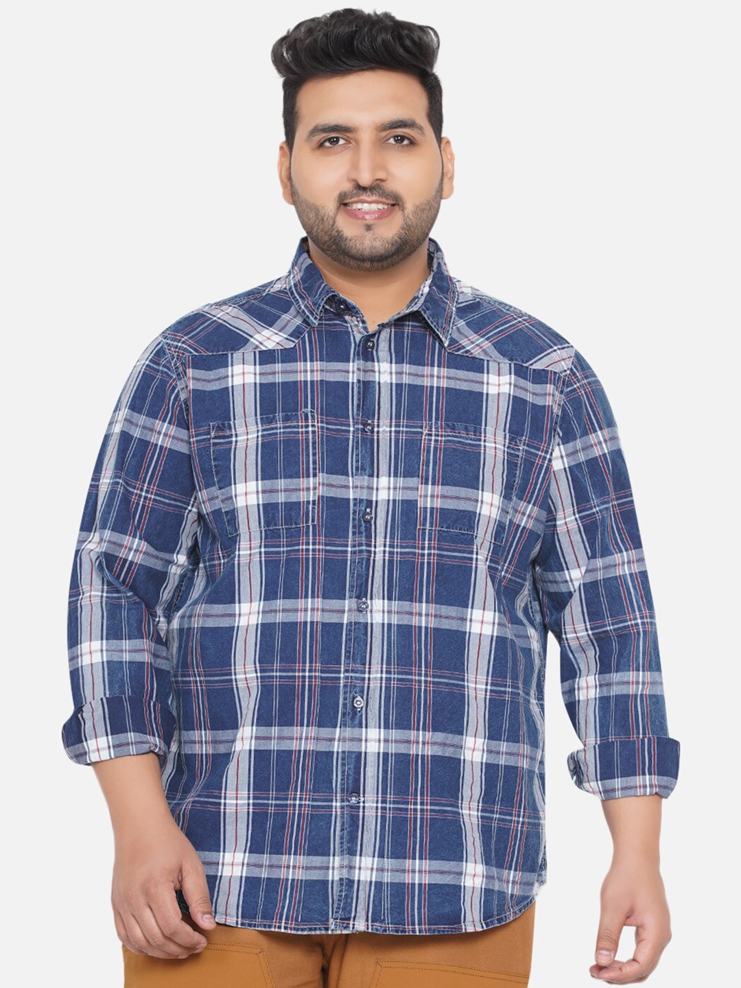 

Santonio Plus Size Classic Tartan Checked Pure Cotton Casual Shirt, Blue