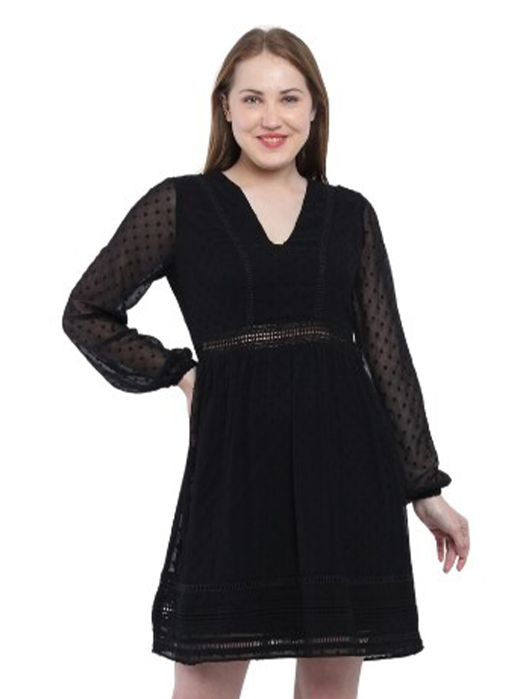 

Lulala Self Design V-Neck Puff Sleeves Dobby A-Line Dress, Black