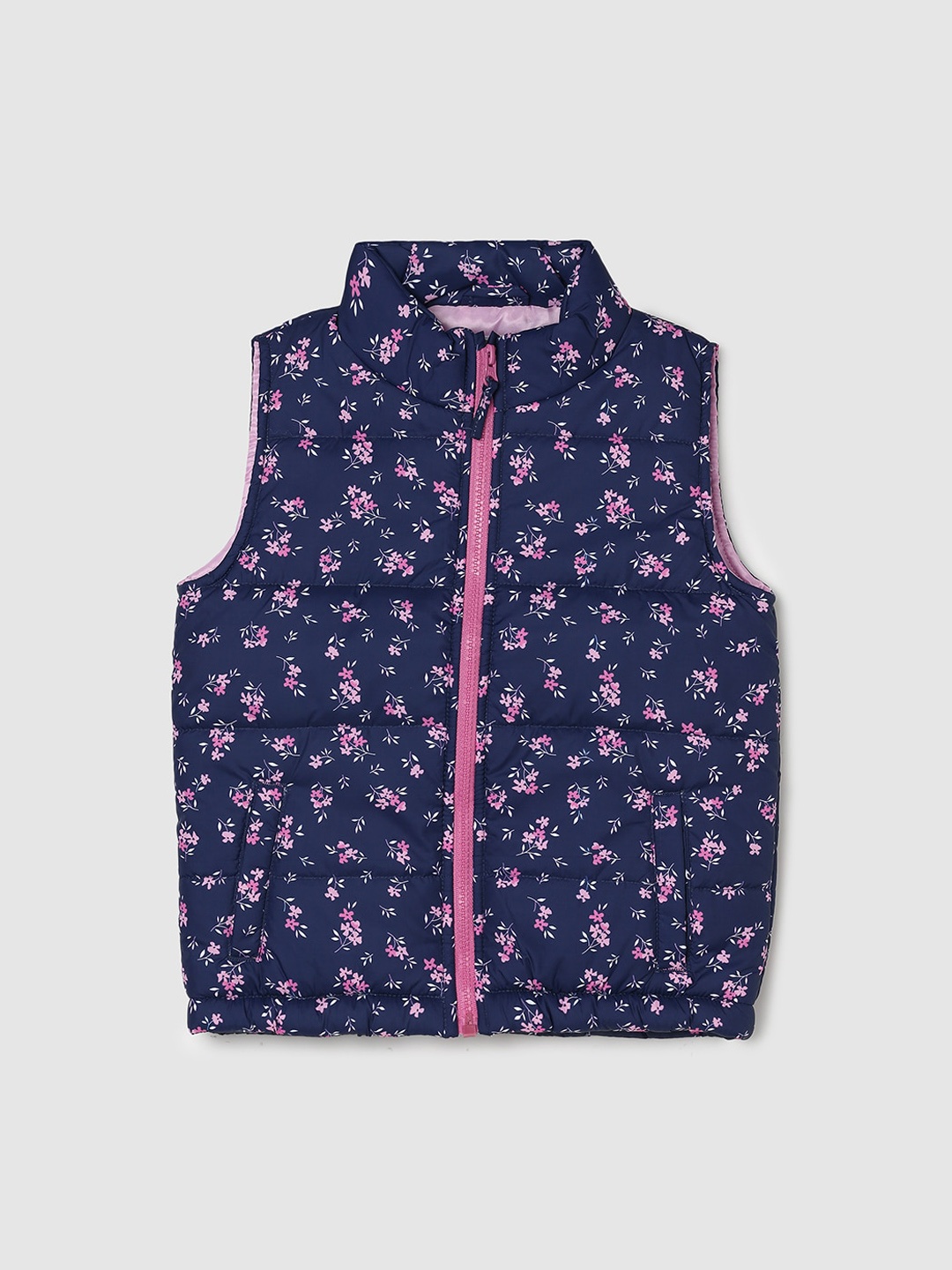 

max Girls Floral Printed Mock Collar Sleeveless Puffer Jacket, Navy blue