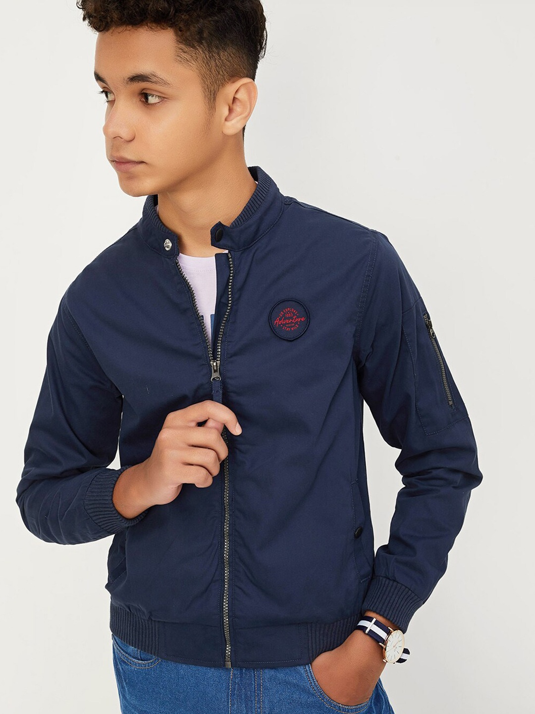 

max Boys Cotton Mock Collar Bomber Jacket, Navy blue