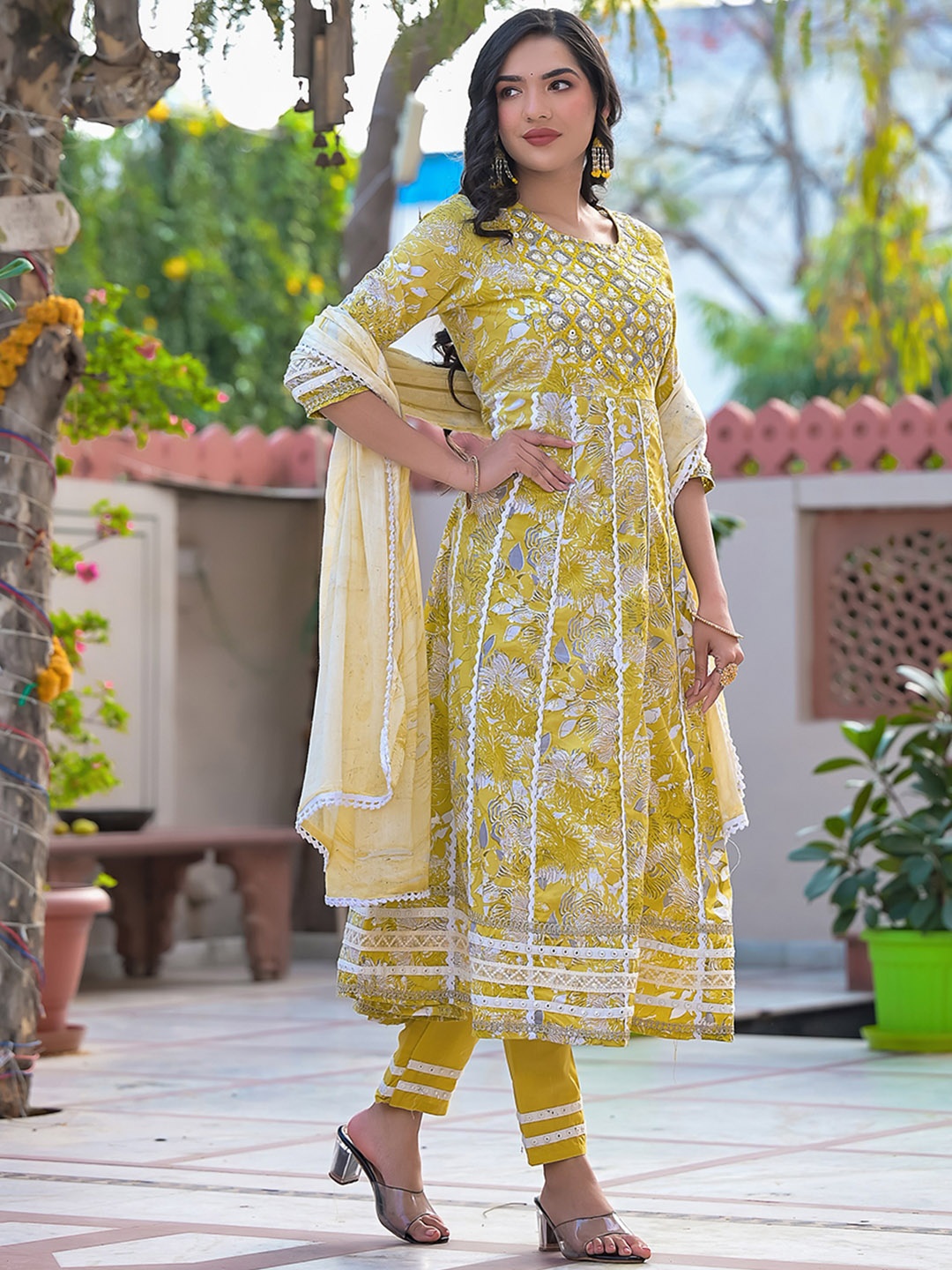 

Sangria Floral Printed Sequinned Pure Cotton Anarkali Kurta With Trouser & Dupatta, Mustard