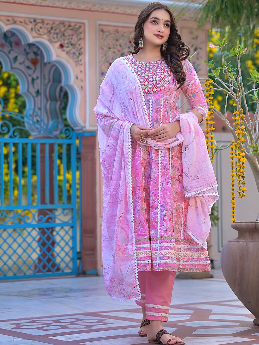 

Sangria Pink Floral Printed Embroidered Pure Cotton Anarkali Kurta With Trouser & Dupatta