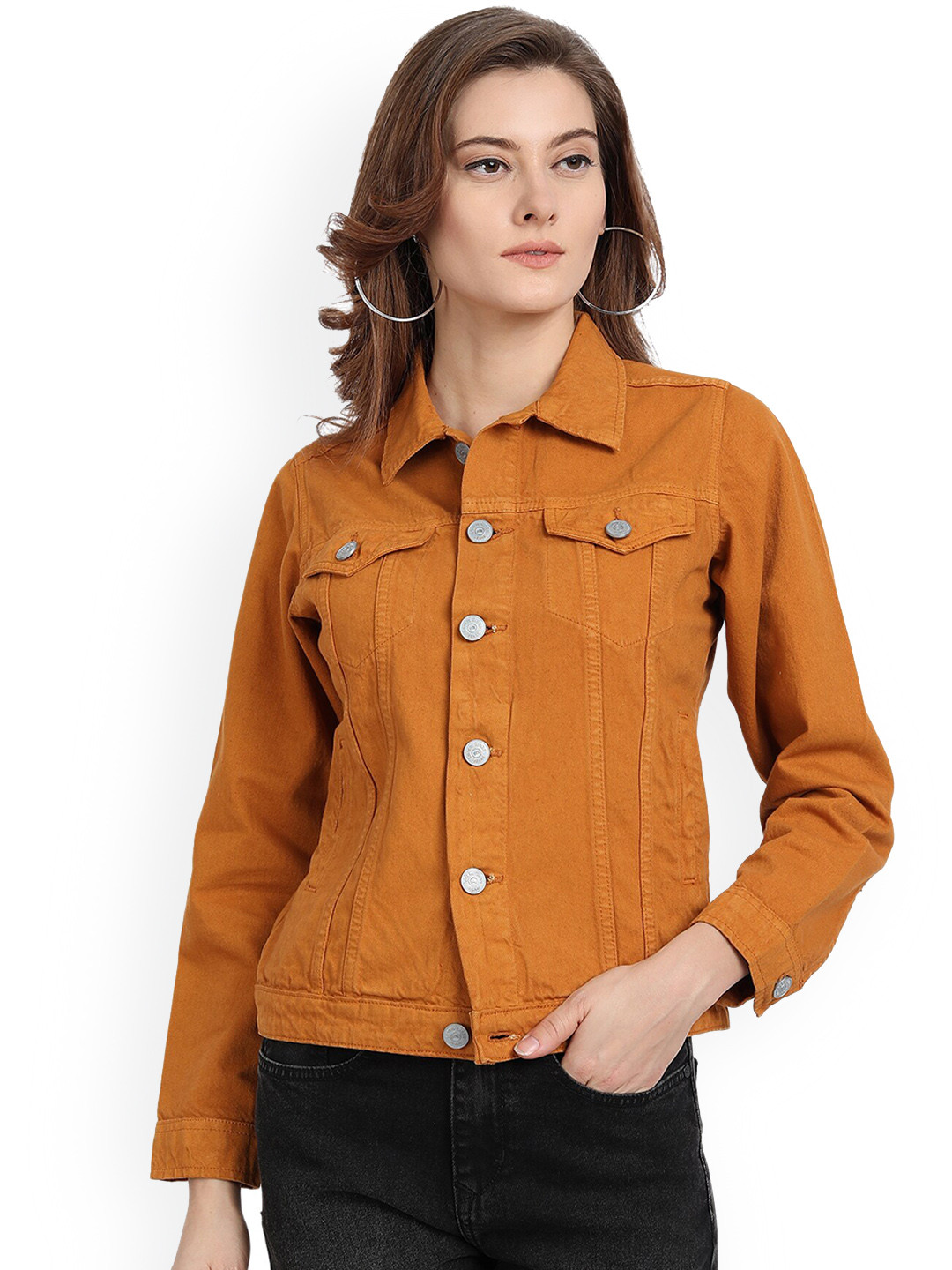 

Lorem Ginzo Spread Collar Long Sleeve Studded Denim Jacket, Orange
