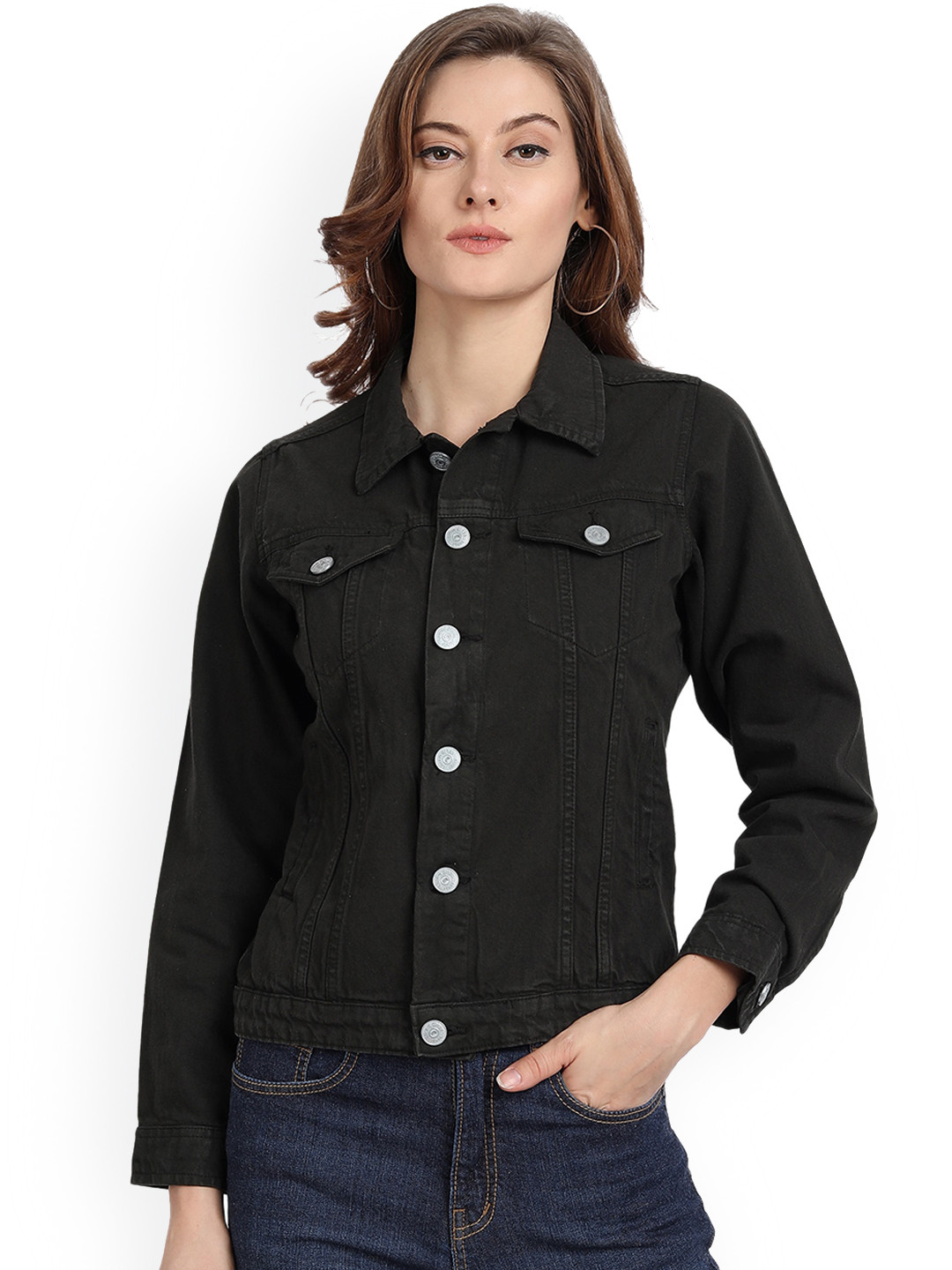 

Lorem Ginzo Spread Collar Long Sleeve Studded Denim Jacket, Black