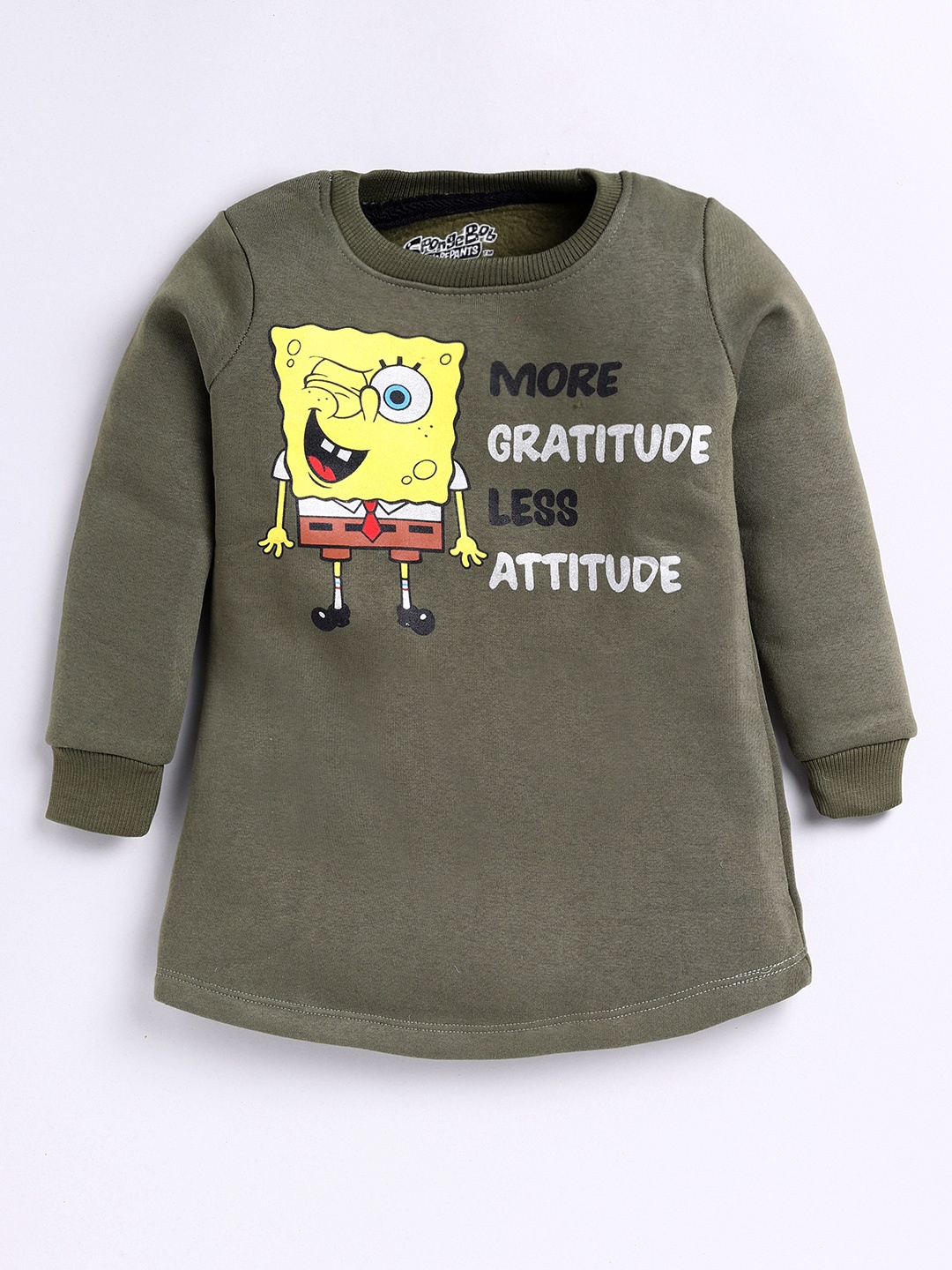 

Eteenz Girls Sponge Bob Printed Round-Neck Premium Cotton Longline Sweatshirt, Olive