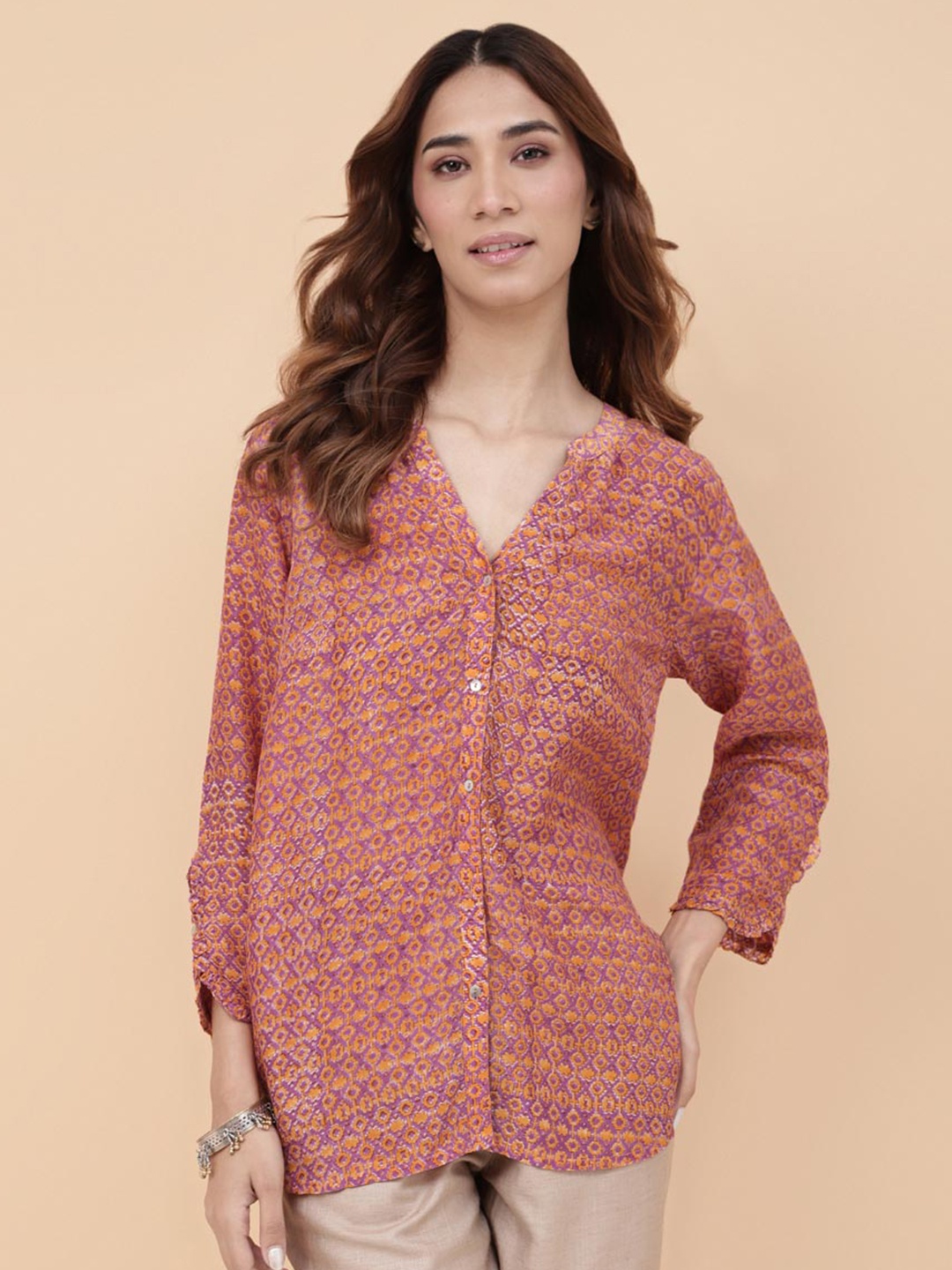 

Fabindia Ethnic Motifs Printed Casual Shirt, Orange