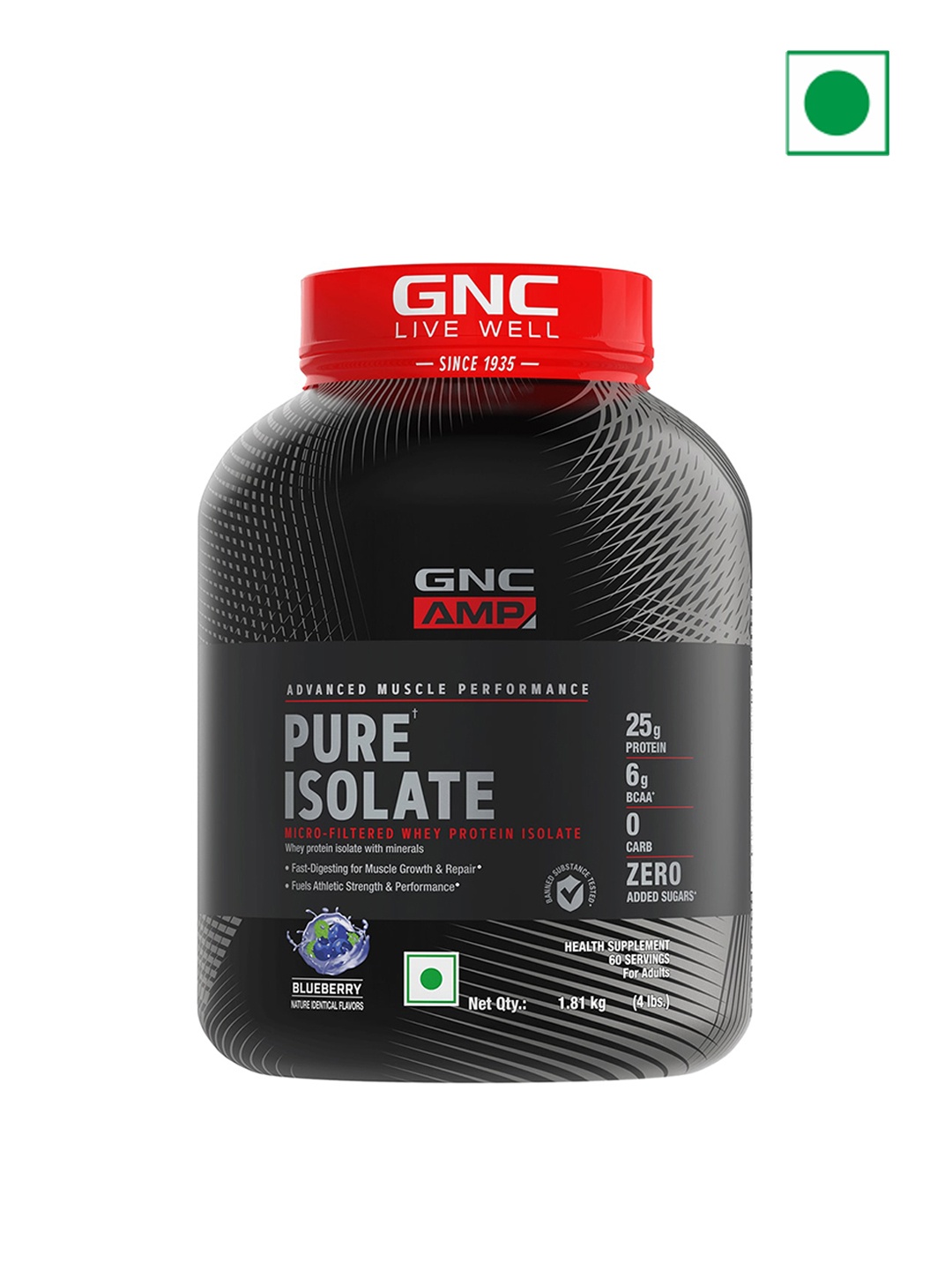 

GNC AMP Pure Isolate Zero Carb Blueberry Whey Protein - 1.8 kg, Black