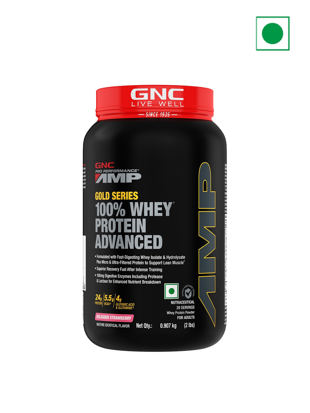 

GNC AMP Gold Series Delicious Strawberry Advanced Whey Protein - 0.907 kg, Black