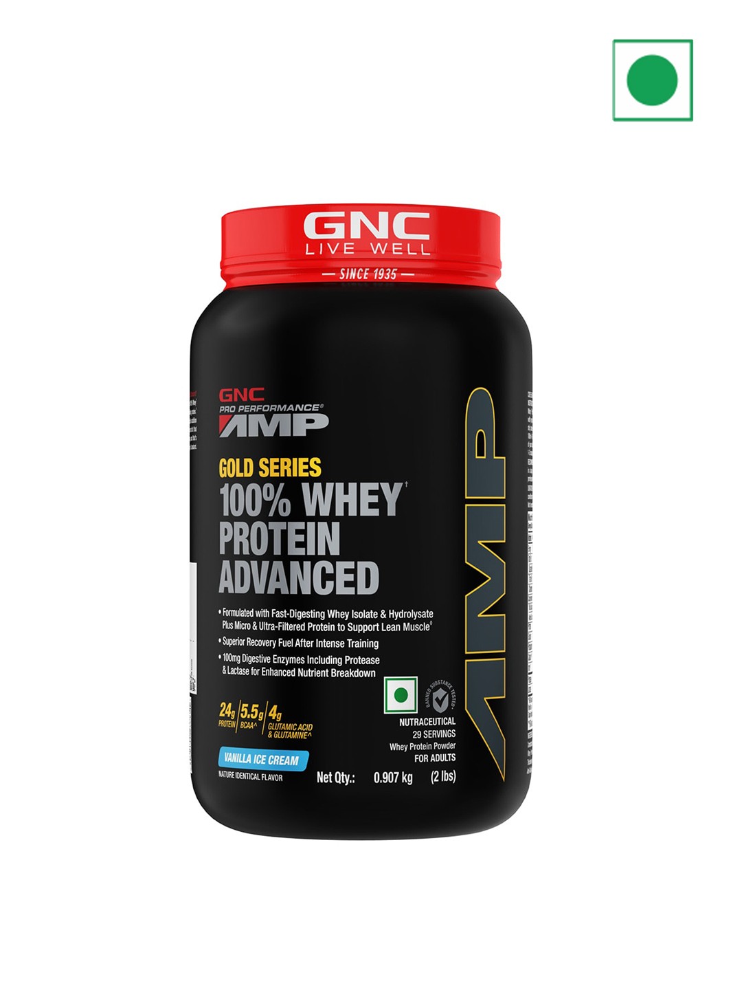 

GNC AMP Gold Series Vanilla Ice Cream Advanced Whey Protein - 0.907 kg, Black