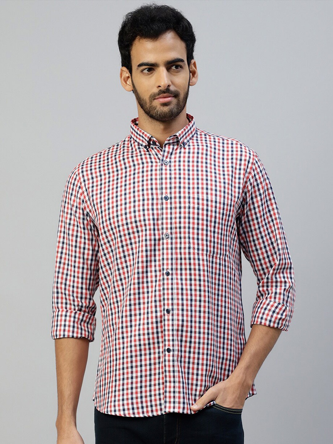 

DON VINO Comfort Slim Fit Gingham Checked Cotton Casual Shirt, Red