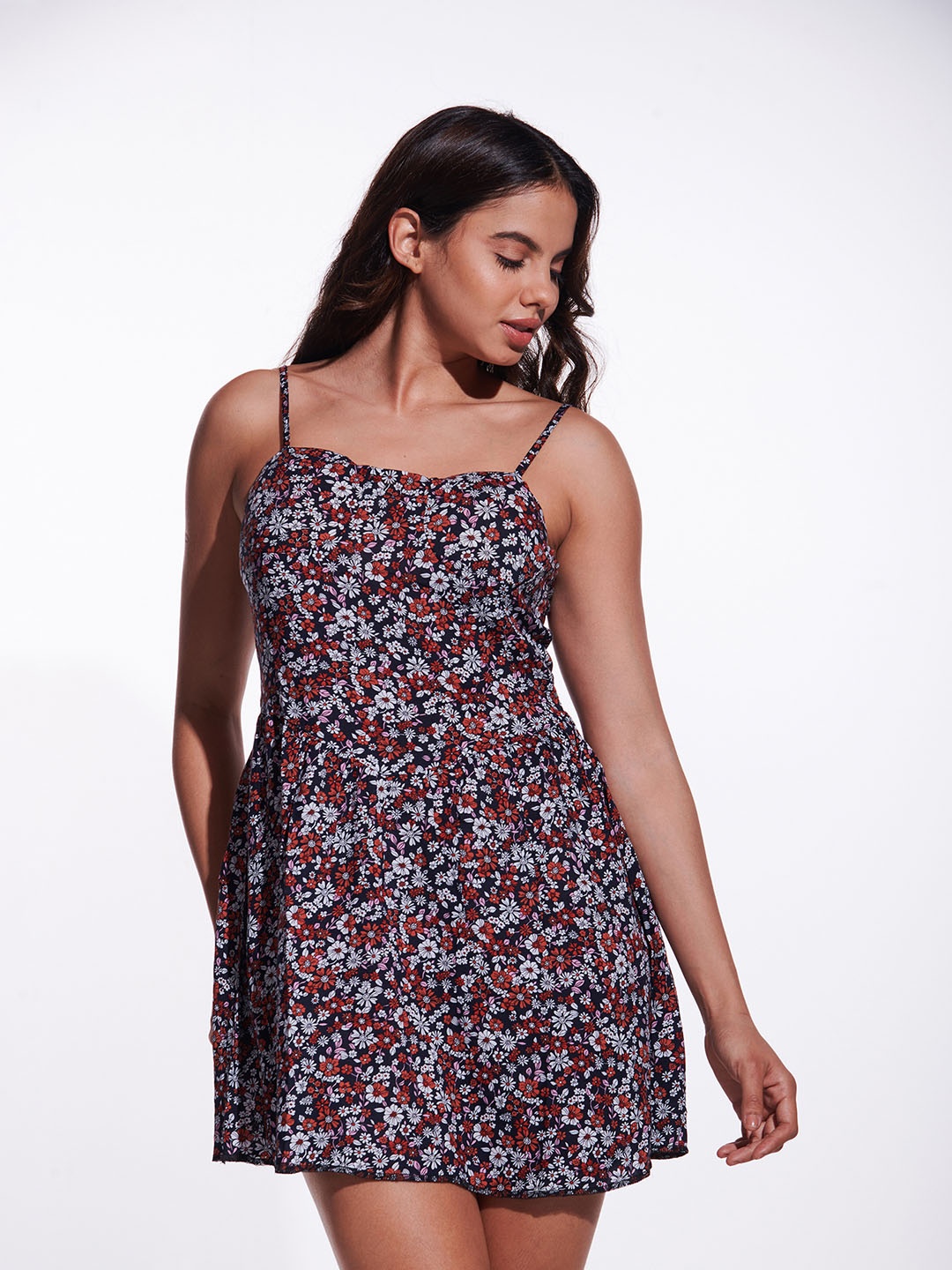 

IZF Floral Printed Shoulder Straps A-Line Mini Dress, Navy blue