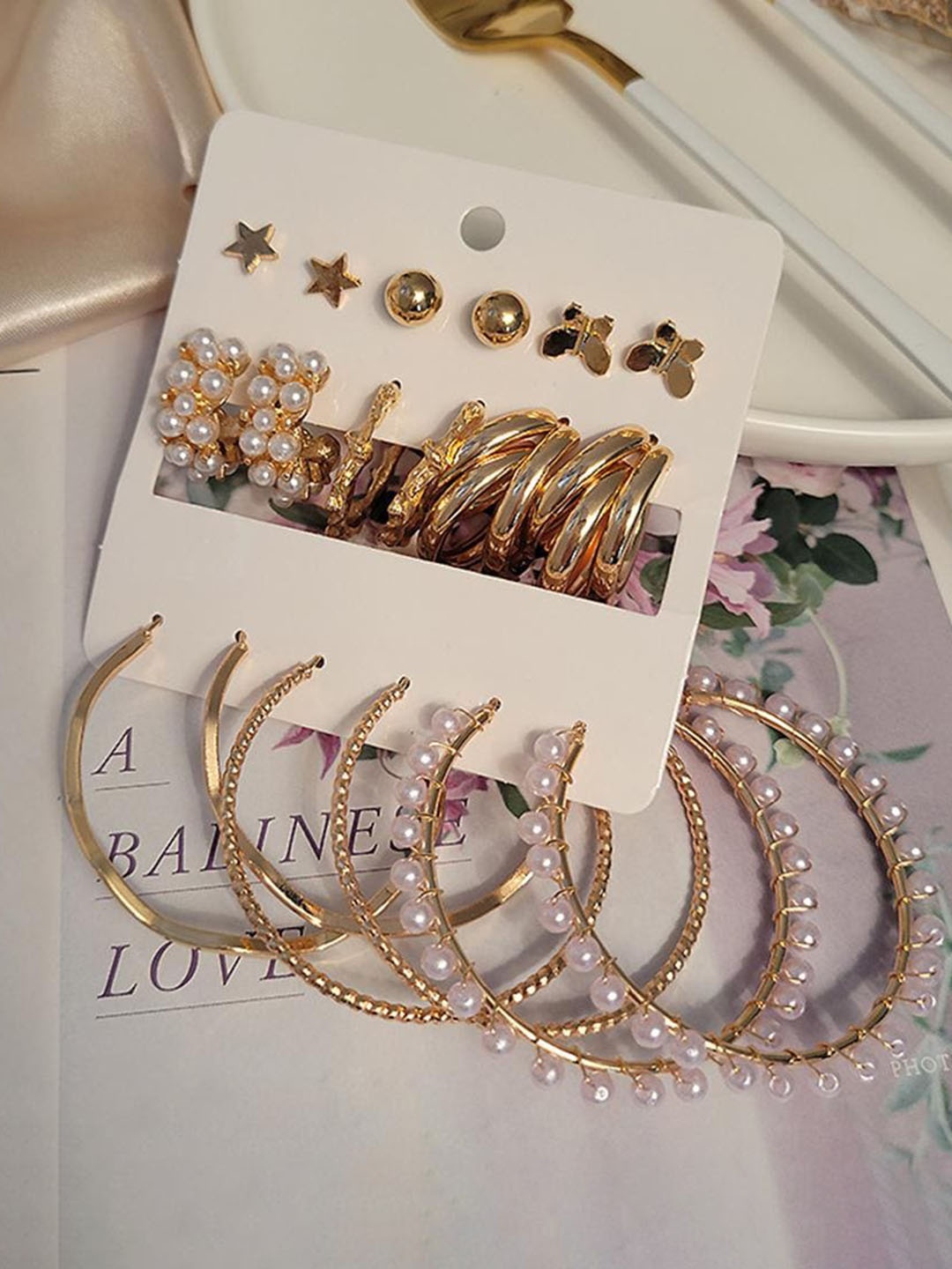 

Lyla Set Of 9 Contemporary Hoop & Studs Earrings, Gold