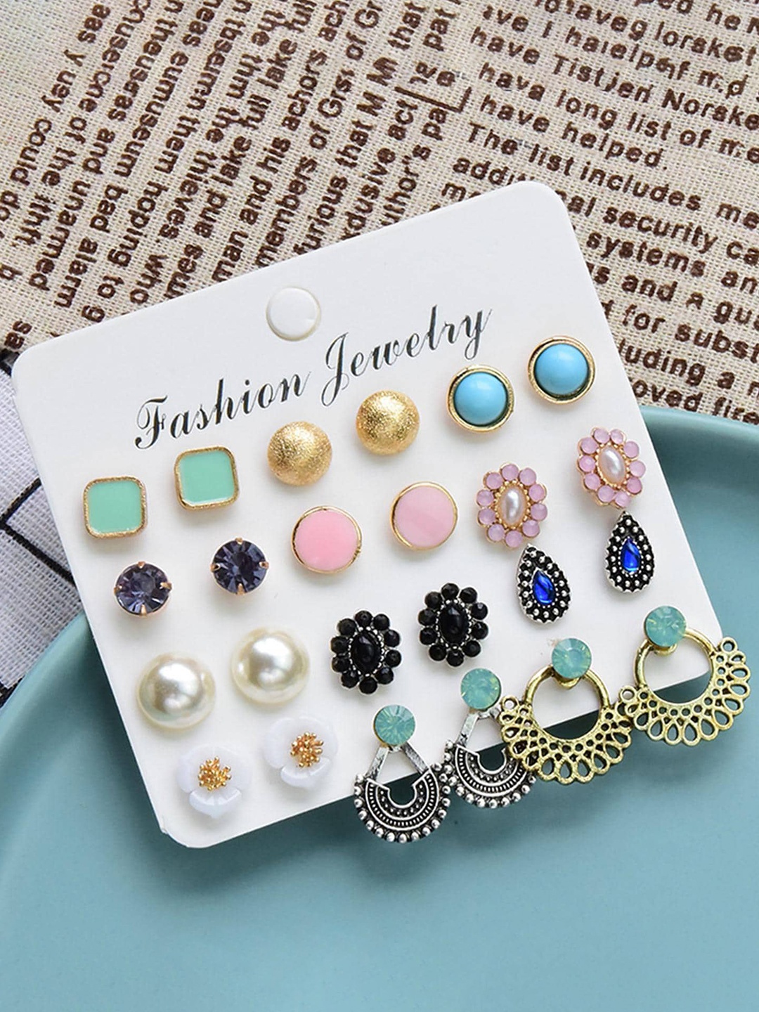 

Lyla Set Of 12 Contemporary Studs & Drop Earrings, Pink