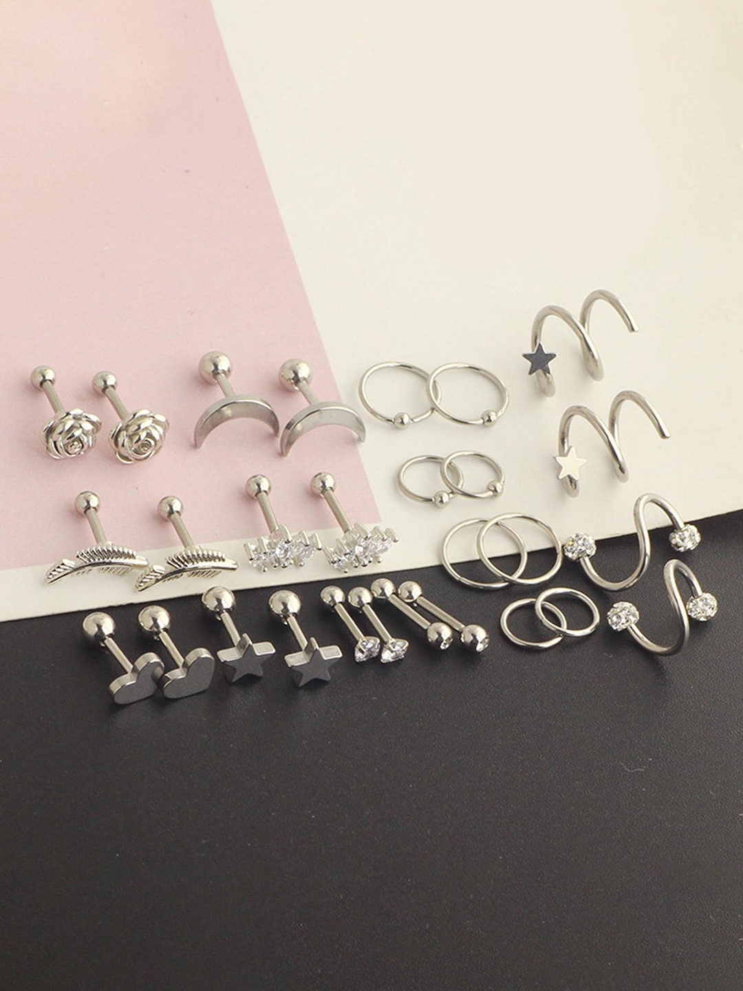 

Lyla Set of 14 Stainless Steel Contemporary Studs Earrings, Silver
