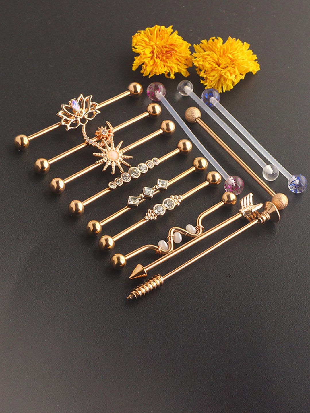 

Lyla Set Of 13 Stainless Steel Ball Barbell Ear Earring, Gold