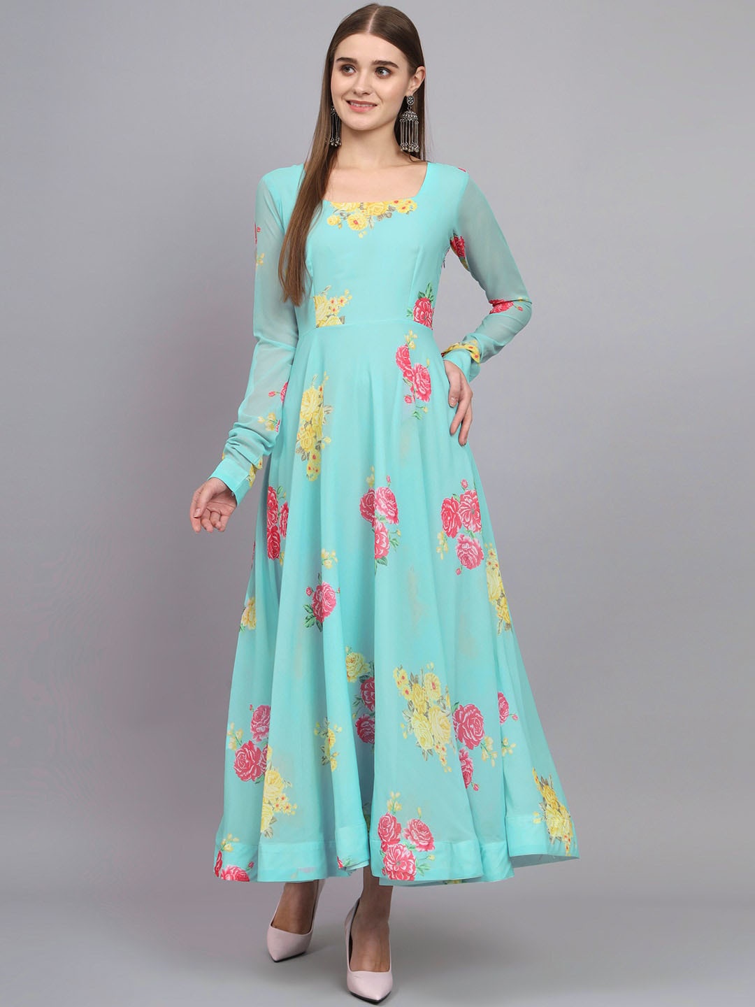 

BLACK SCISSOR Floral Printed Square Neck Georgette Fit & Flare Maxi Ethnic Dress, Blue