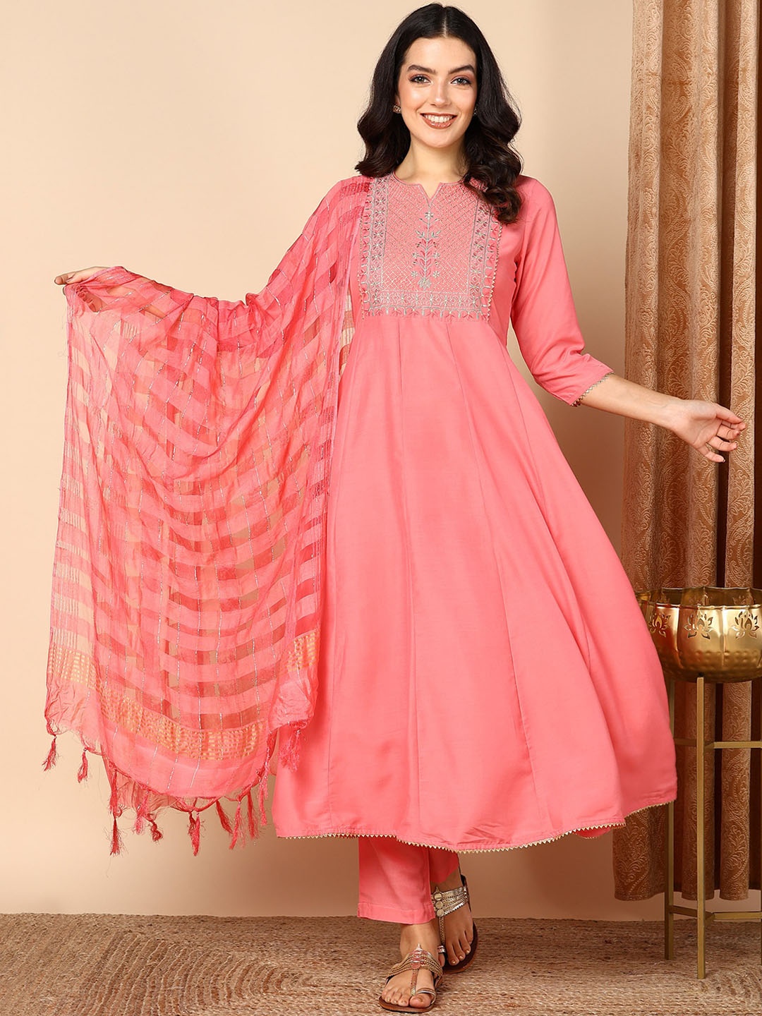 

HERE&NOW Peach-Coloured Ethnic Motifs Embroidered A-Line Kurta & Trousers With Dupatta