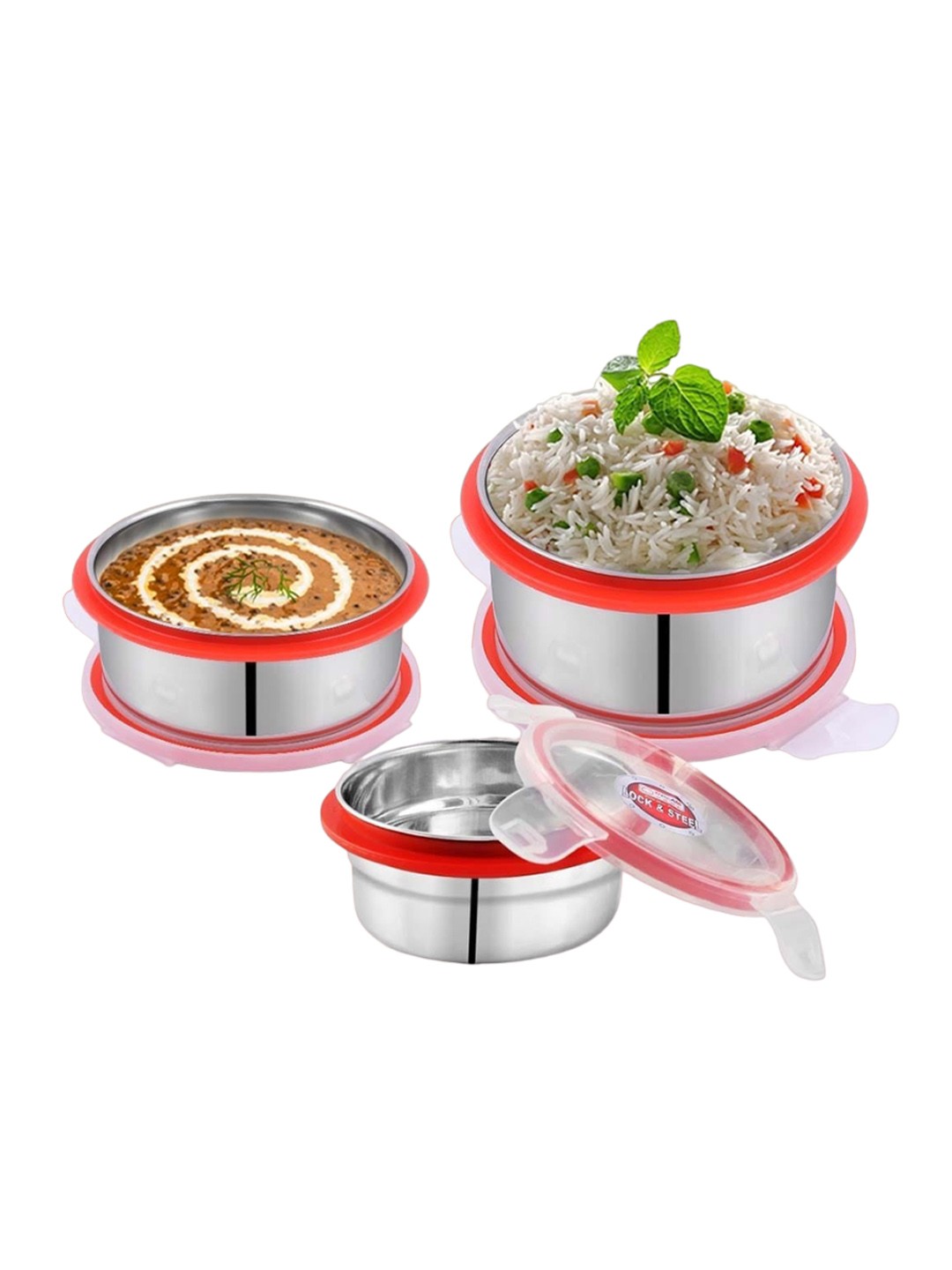 

DREAM HOME Red & White 3 Pieces Stainless Steel Air-Tight Lunch Boxes
