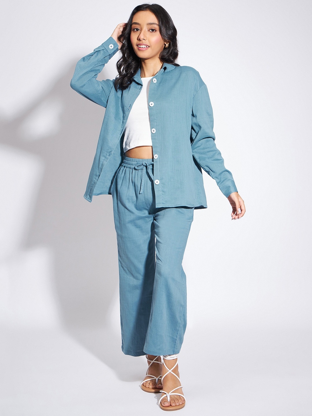 

luyk Girls Pure Cotton Shirt With Trousers & Crop Top, Blue