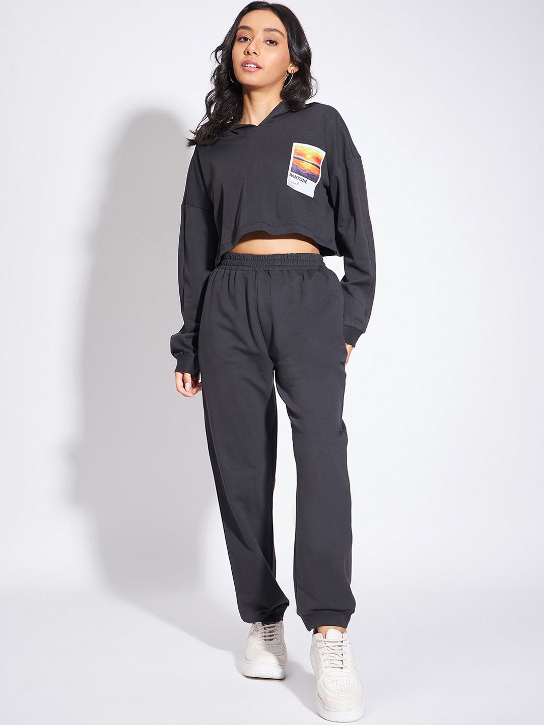 

luyk Girls Printed Hooded Pure Cotton Sweatshirt With Trousers, Charcoal