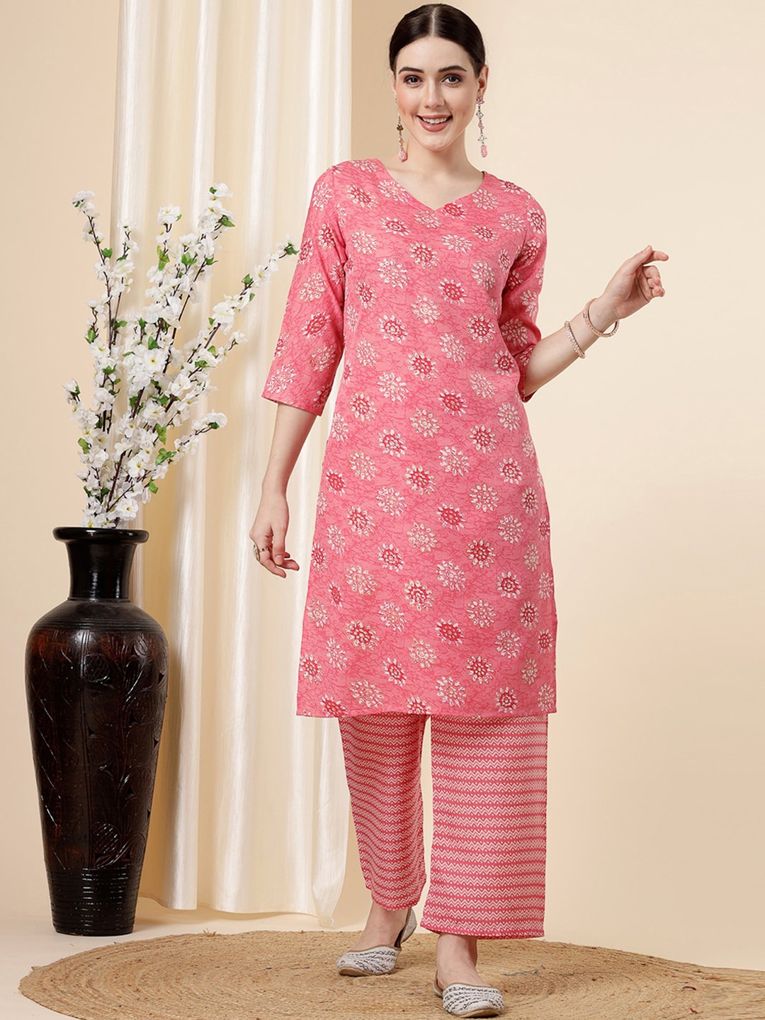 

KALINI Floral Printed Regular Kurta with Trousers, Pink