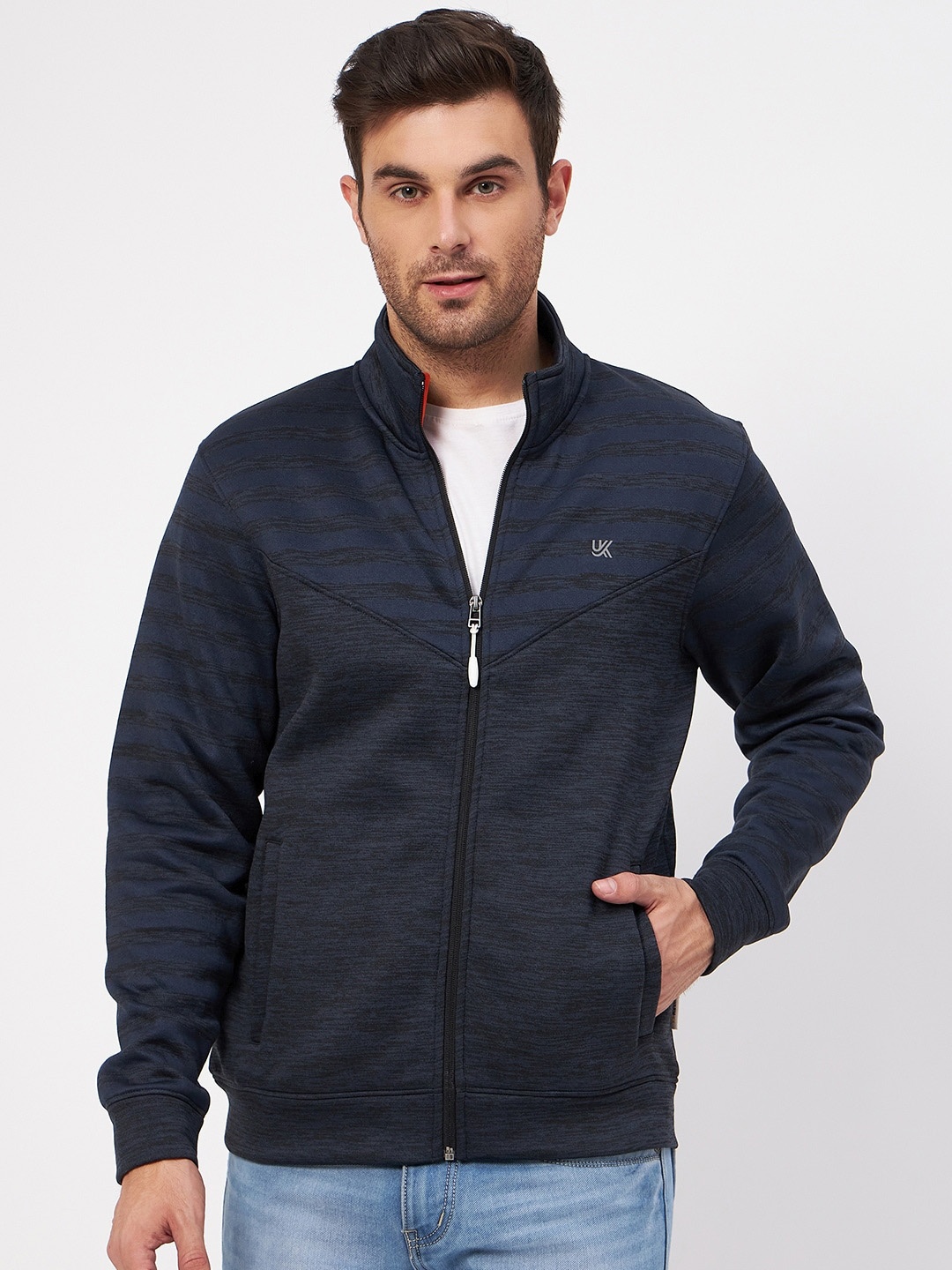 

URKNIT Striped Mock Collar Lightweight Bomber Jacket, Navy blue