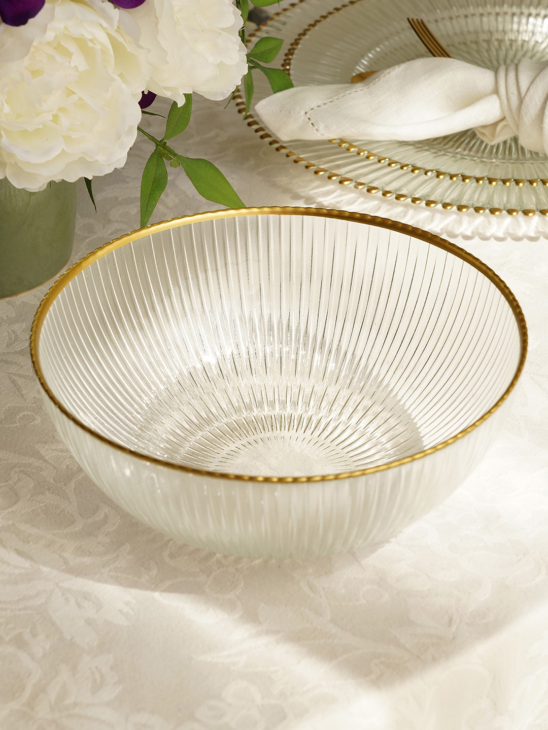 

Pure Home and Living Transparent & Golden Ribbed Glass Serving Bowl