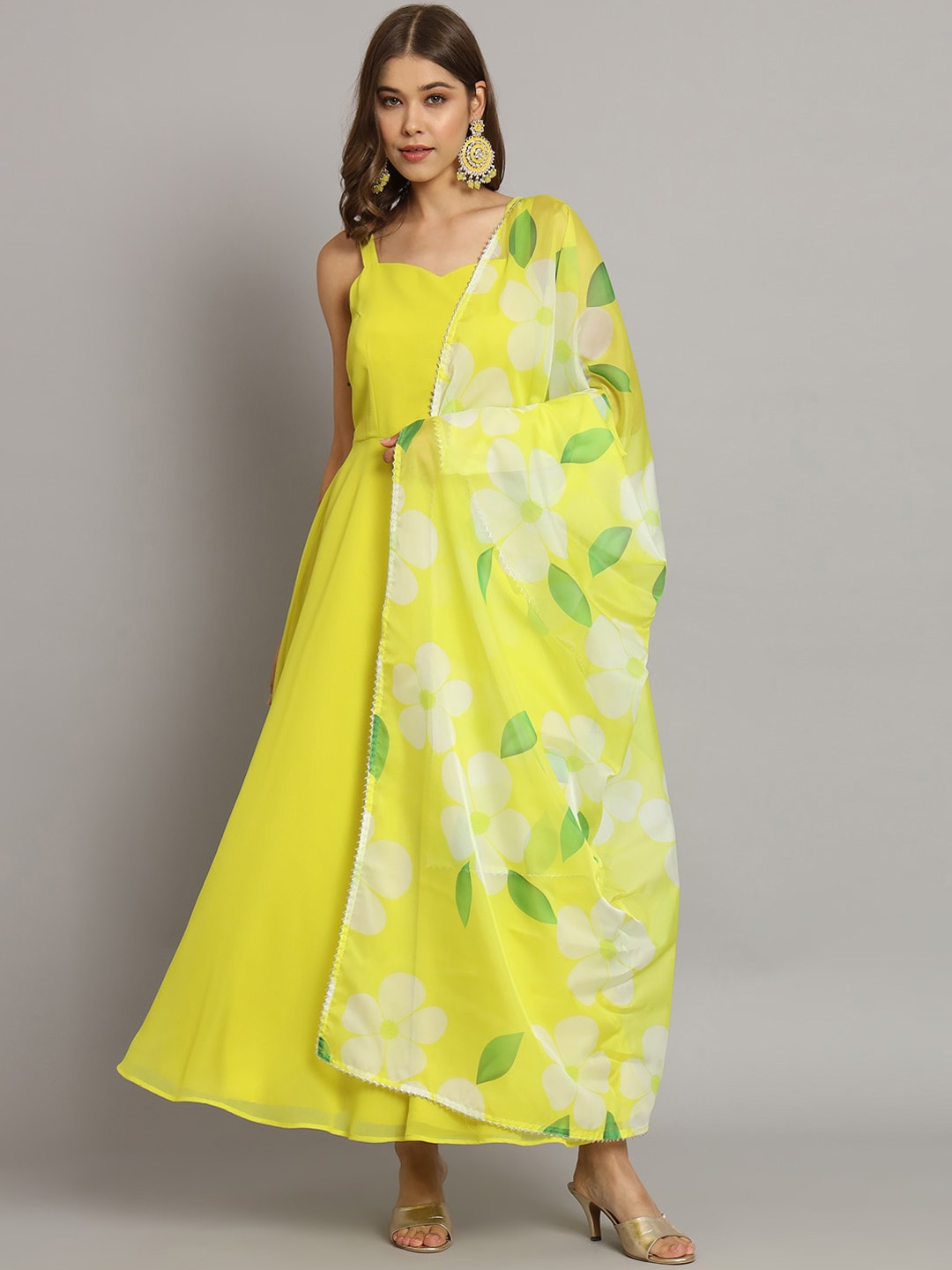 

KALINI Sleeveless Fit & Flare Maxi Ethnic Dress With Printed Dupatta, Yellow