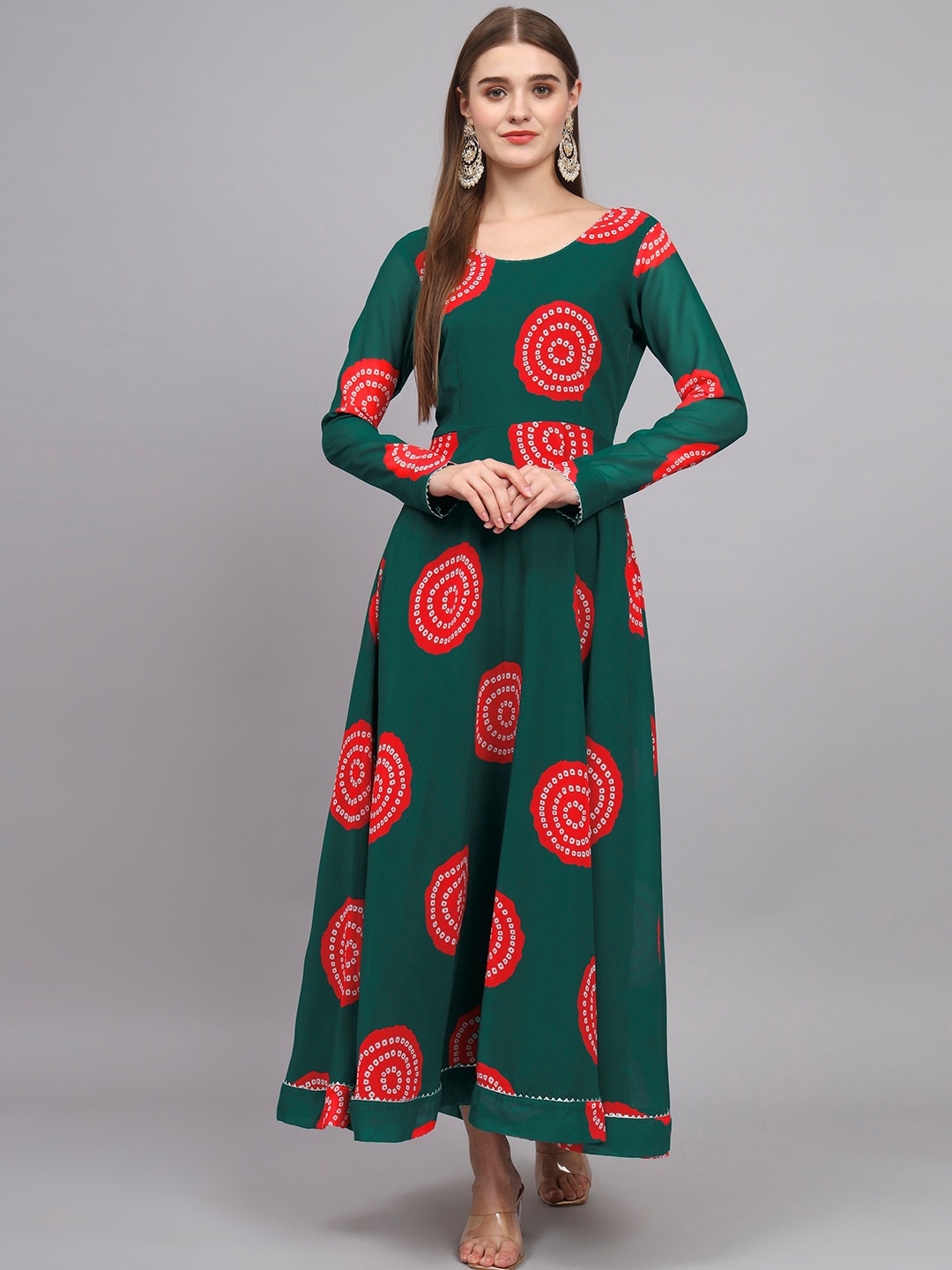 

KALINI Geometric Printed Fit & Flared Ethnic Dress, Green