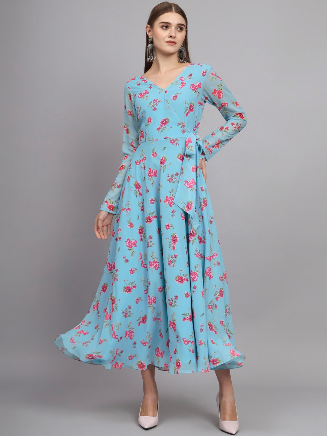 

KALINI Floral Printed V-Neck Tie-Ups Fit & Flare Midi Dress, Blue
