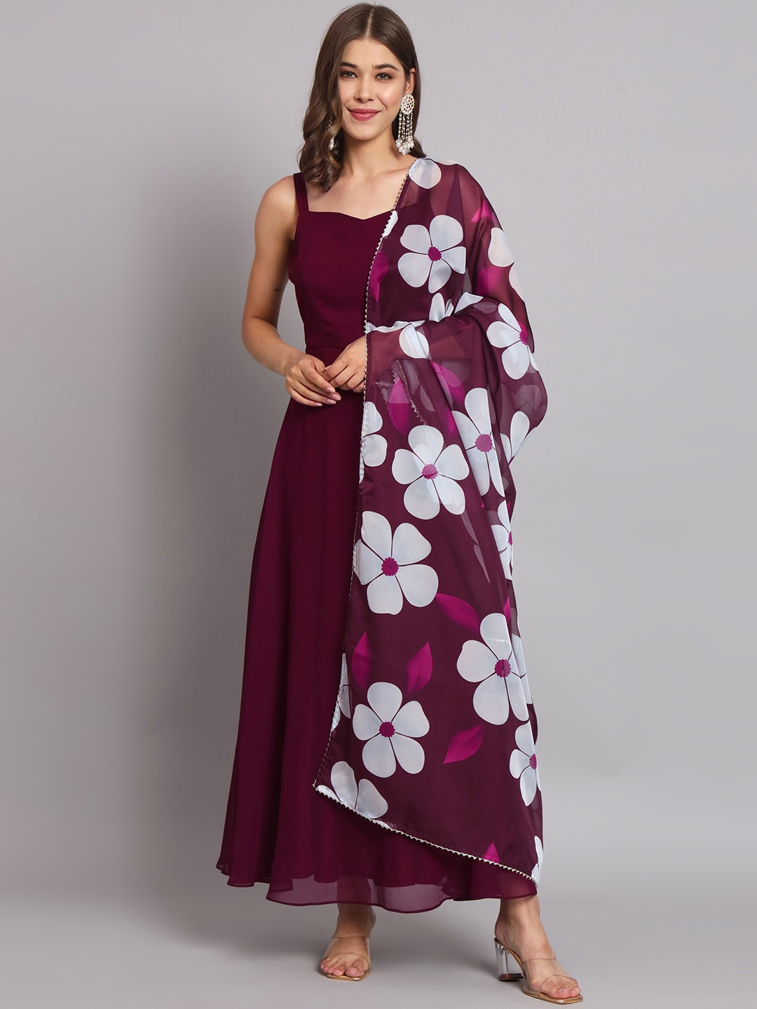 

KALINI Shoulder Straps Fit & Flare Ethnic Dress With Dupatta, Purple