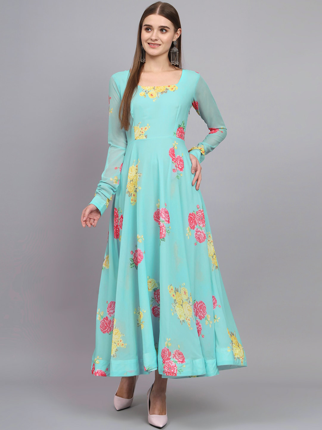 

KALINI Floral Printed Square Neck Fit & Flare Ethnic Dress, Blue