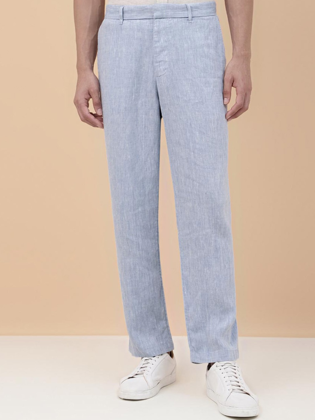 

Fabindia Men Straight Fit Linen Trousers, Blue