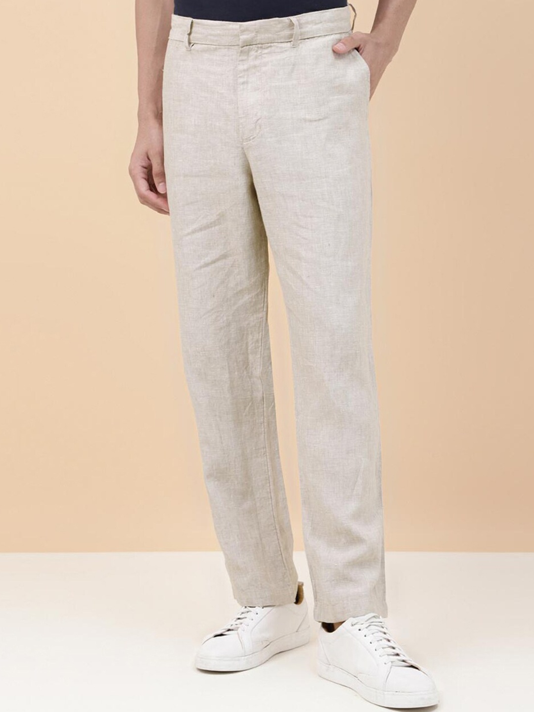 

Fabindia Men Mid Rise Straight Fit Linen Regular Trousers, Beige