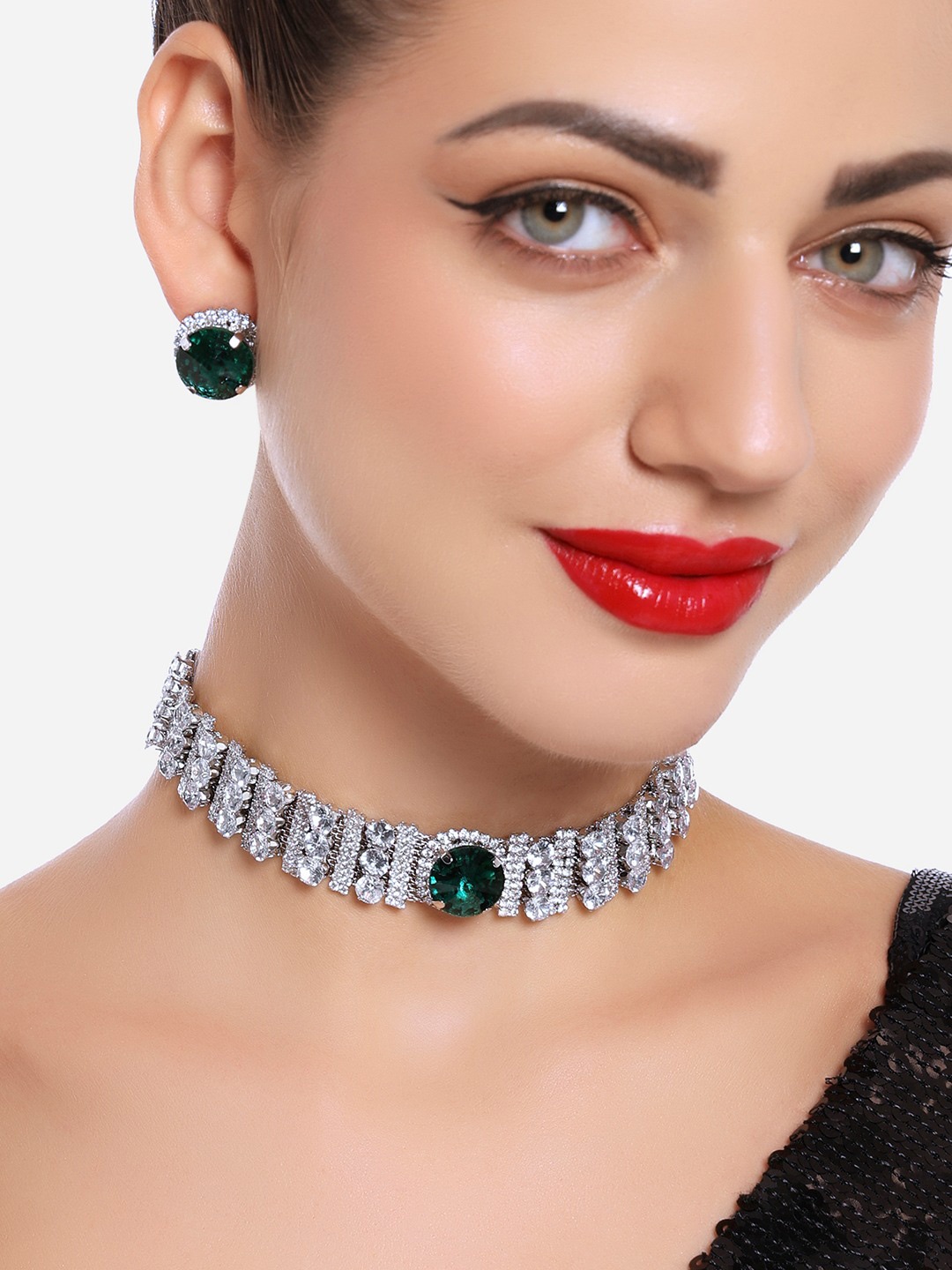 

Zaveri Pearls Sliver-Plated Stone-Studded & Beaded Jewellery Set, Silver