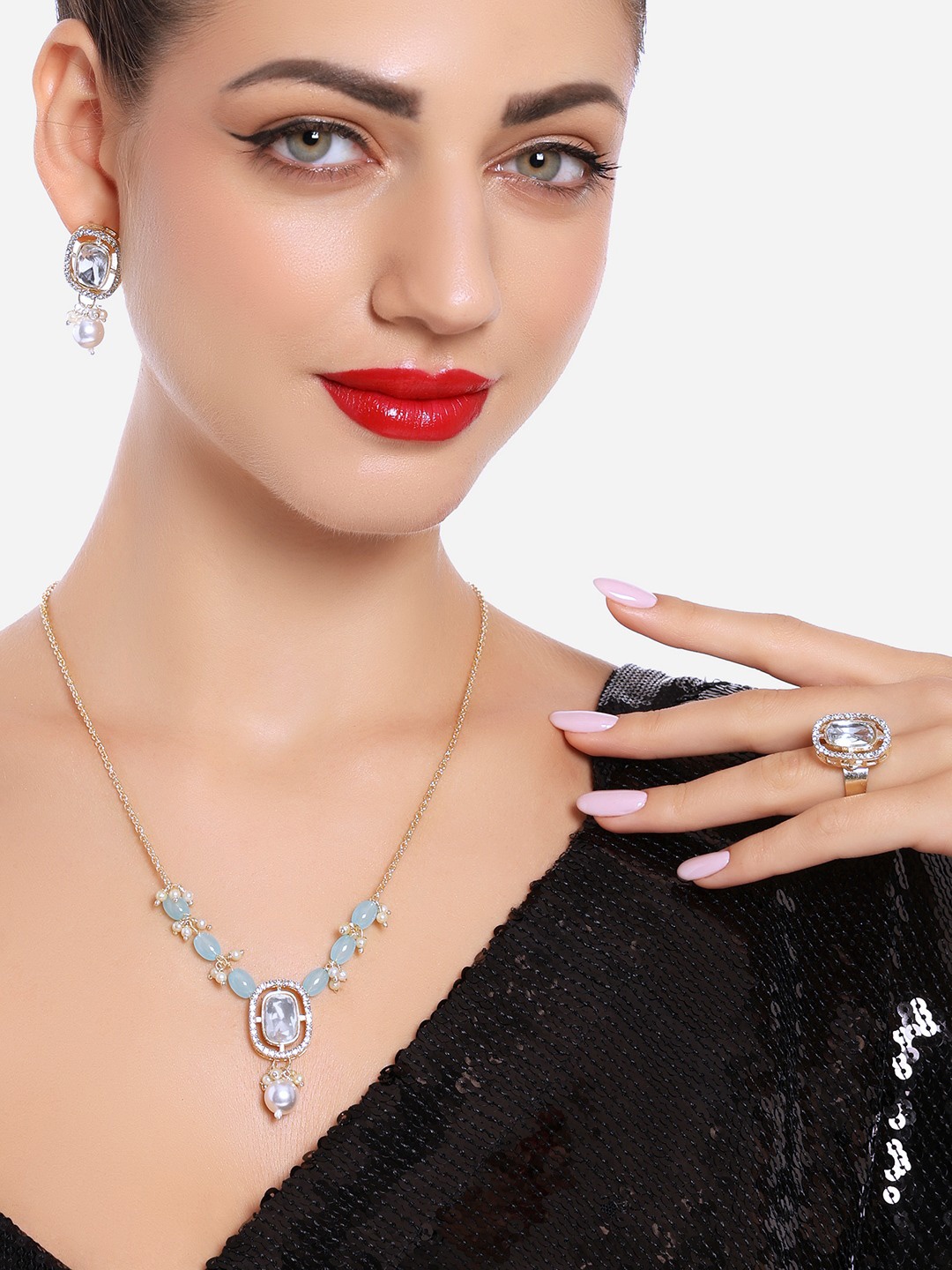 

Zaveri Pearls Gold-Plated American Diamond Studded & Pearl-Beaded Jewellery Set