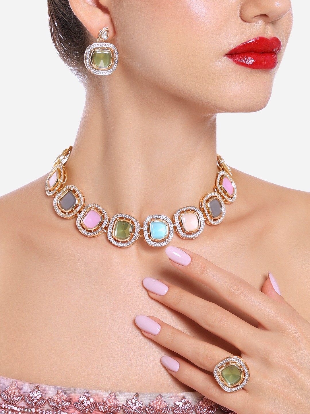 

Zaveri Pearls Gold-Plated Stone-Studded Jewellery Set
