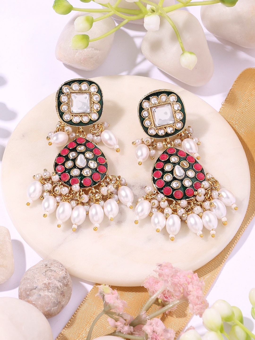 

Zaveri Pearls Contemporary Kundan Drop Earrings, Green