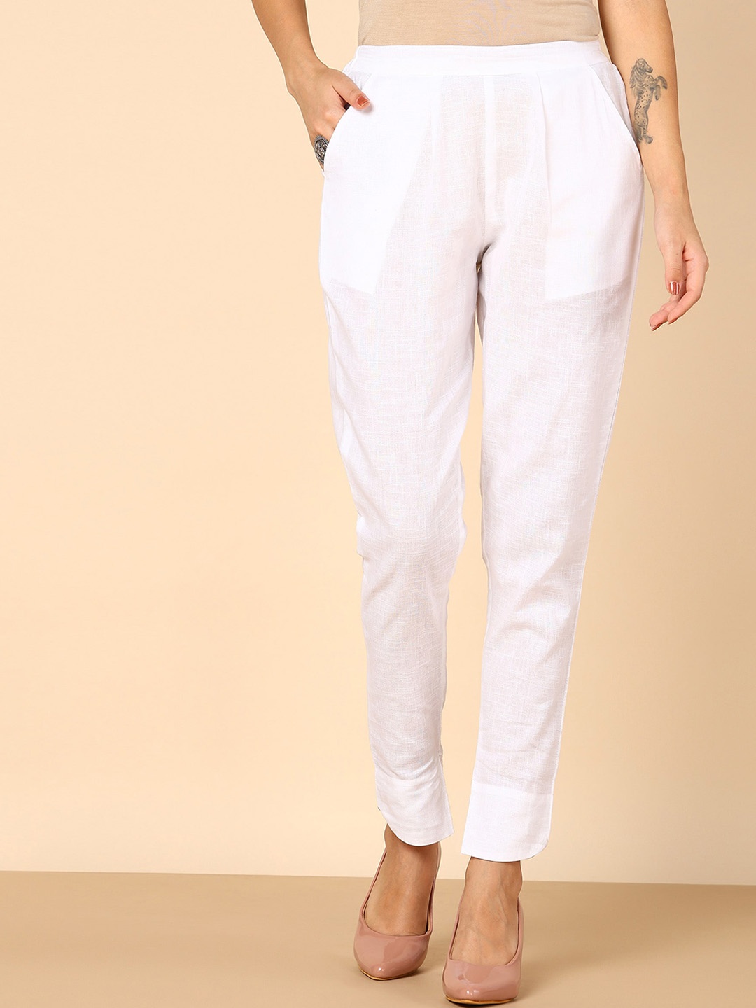 

KALINI Women Cotton Peg Trousers, White