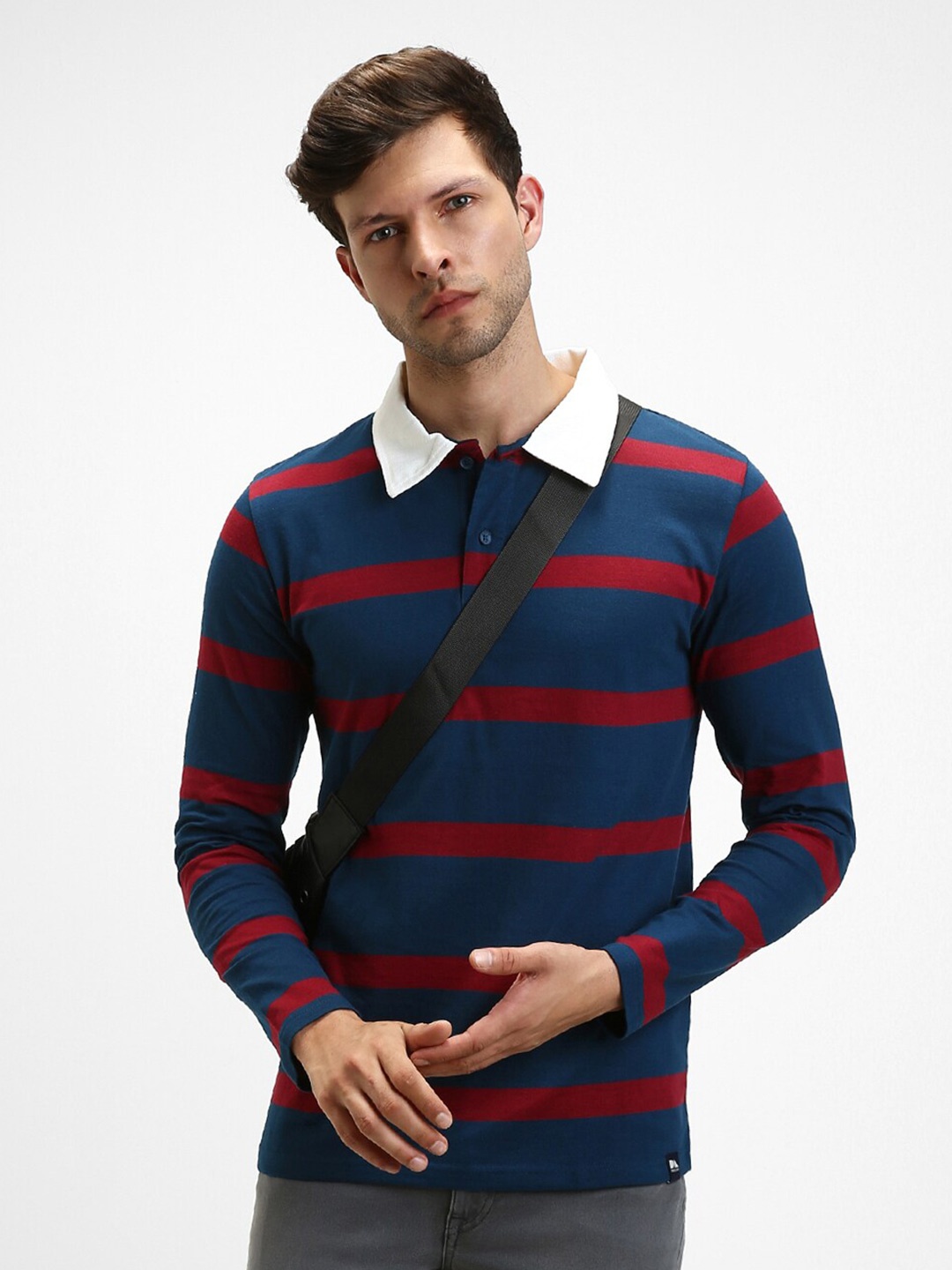 

Dennis Lingo Striped Polo Collar Pure Cotton T-shirt, Navy blue