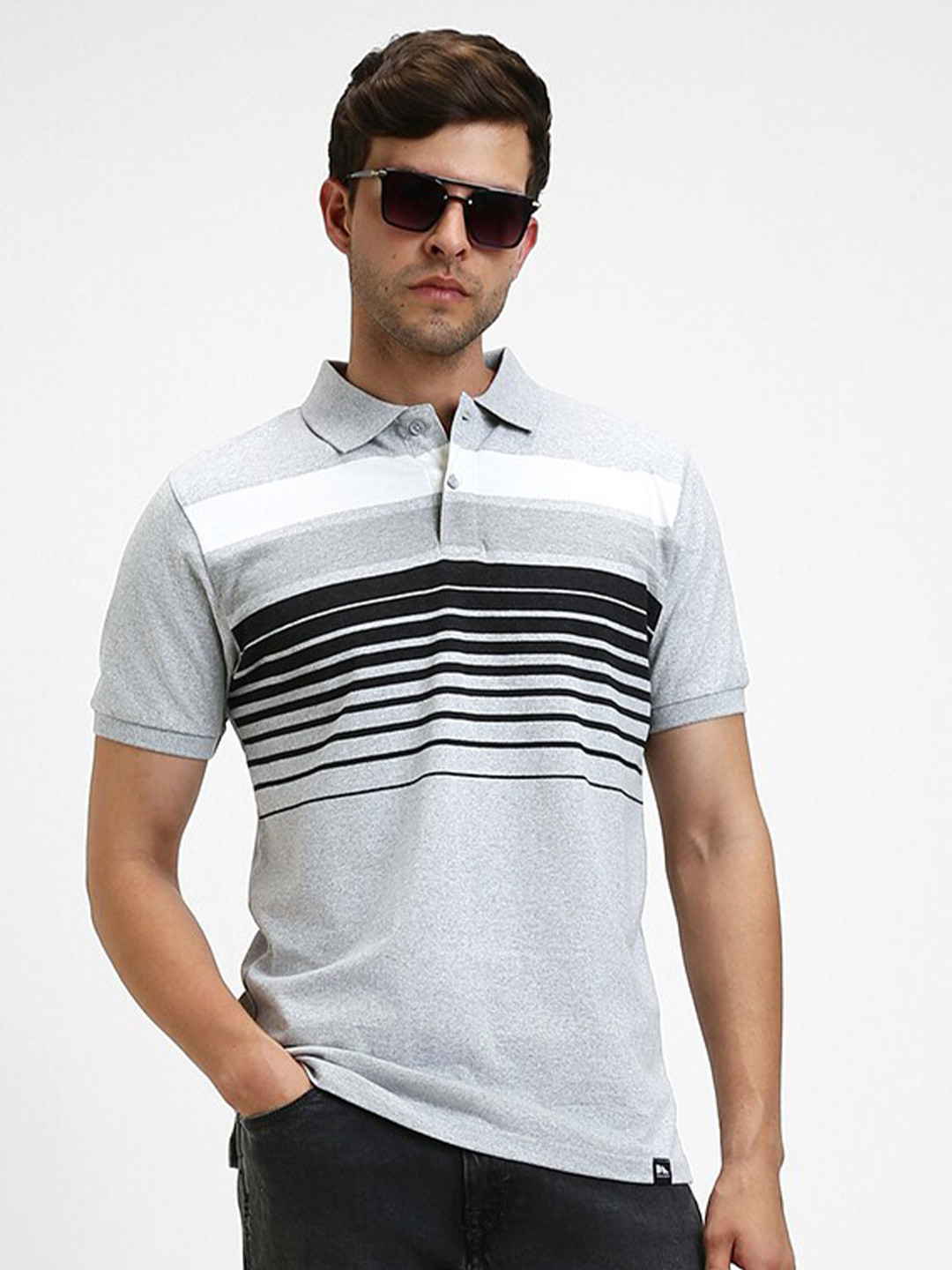 

Dennis Lingo Men Striped Polo Collar Cotton T-shirt, Grey