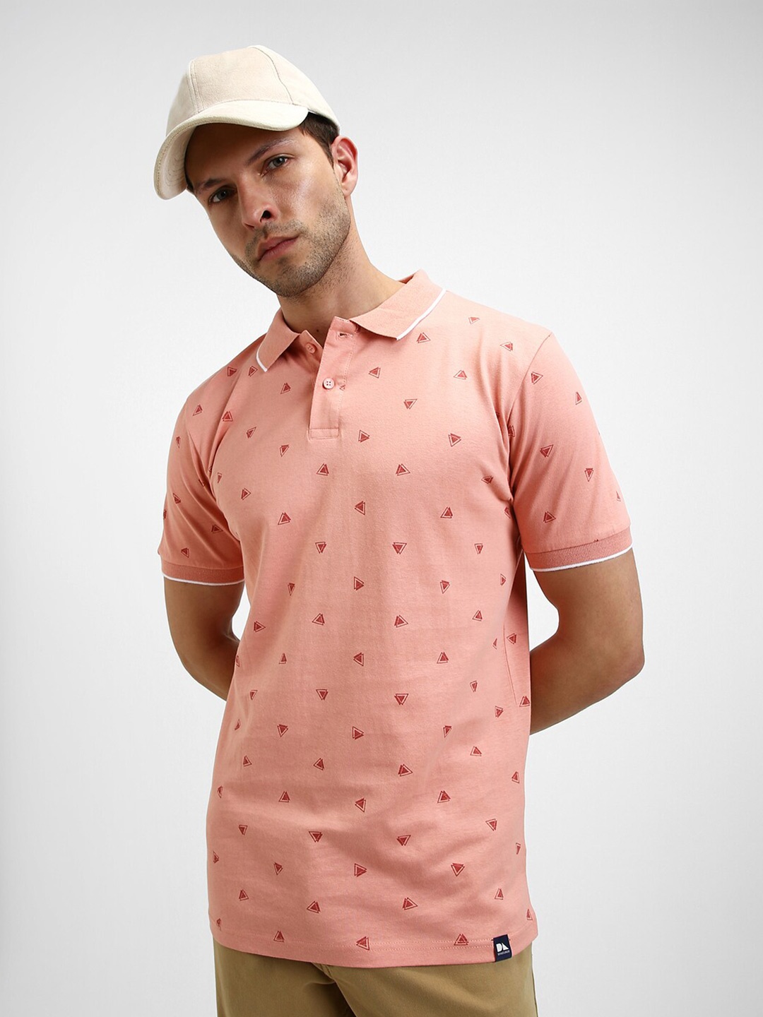 

Dennis Lingo Geometric Printed Polo Collar Cotton Regular T-shirt, Pink