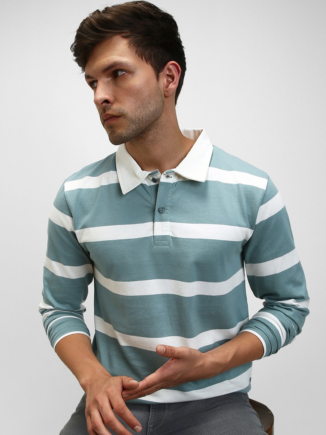 

Dennis Lingo Striped Polo Collar Cotton T-shirt, Blue