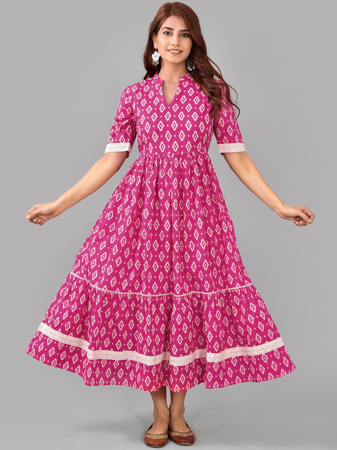 

KALINI Ethnic Motifs Mandarin Collar Pure Cotton Fit and Flare Maxi Ethnic Dresses, Pink