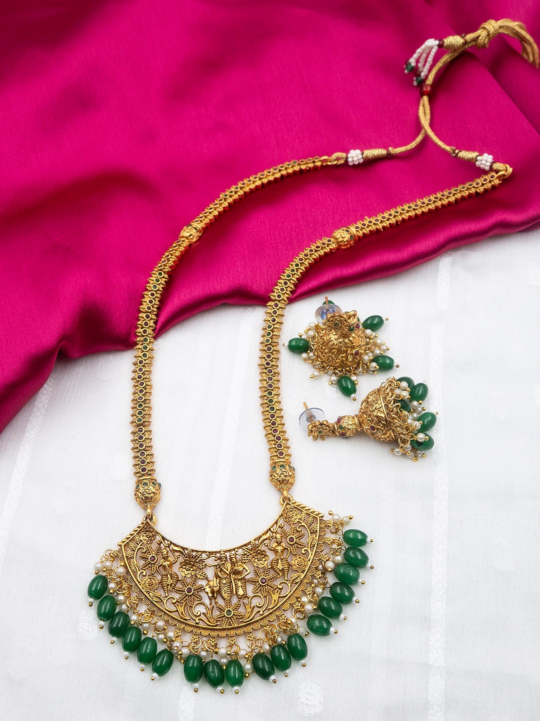 

StileAdda Gold-Plated Stone-Studded & Beaded Jewellery Set, Green