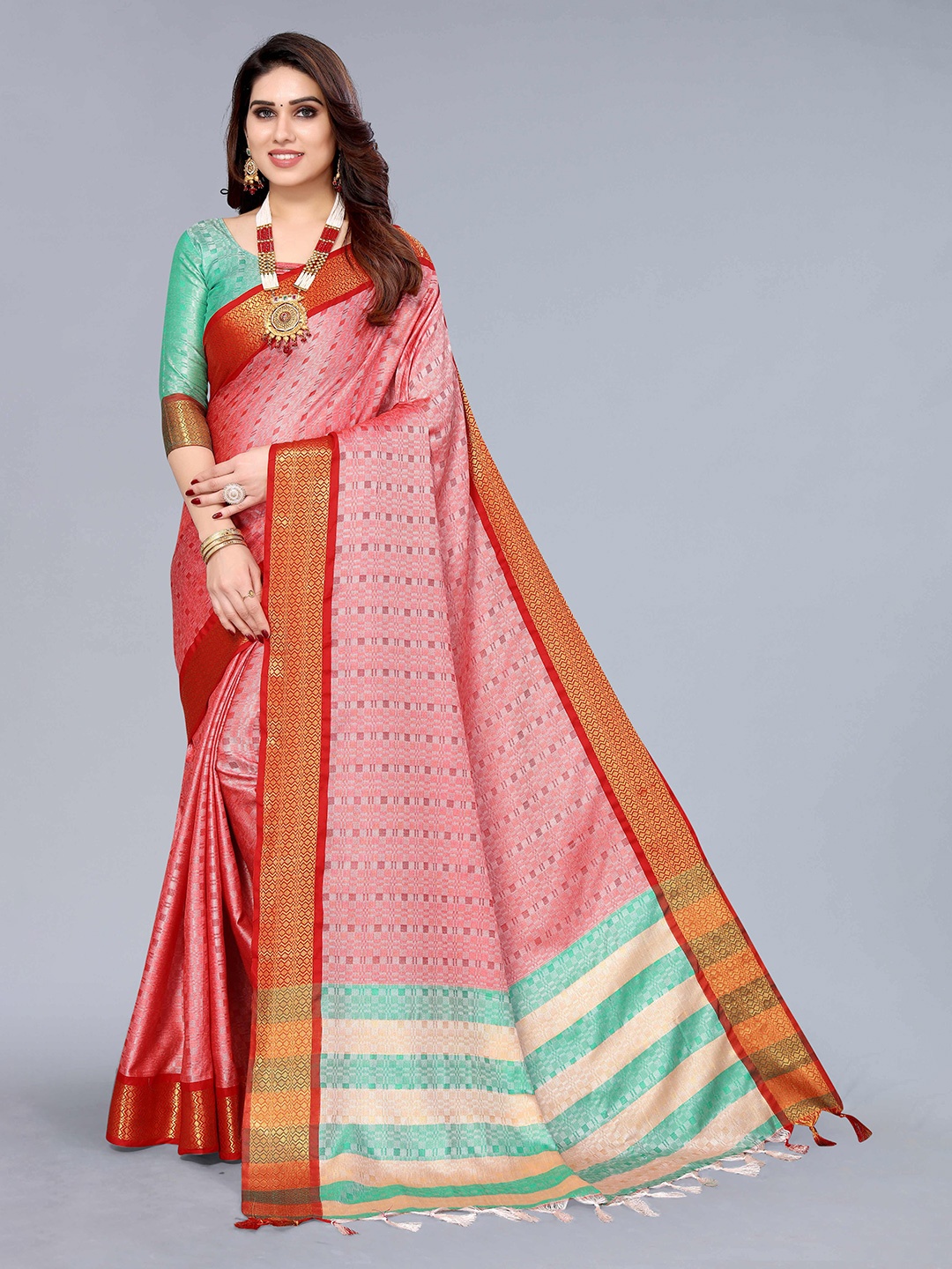 

KALINI Woven Design Zari Silk Cotton Kanjeevaram Saree, Red