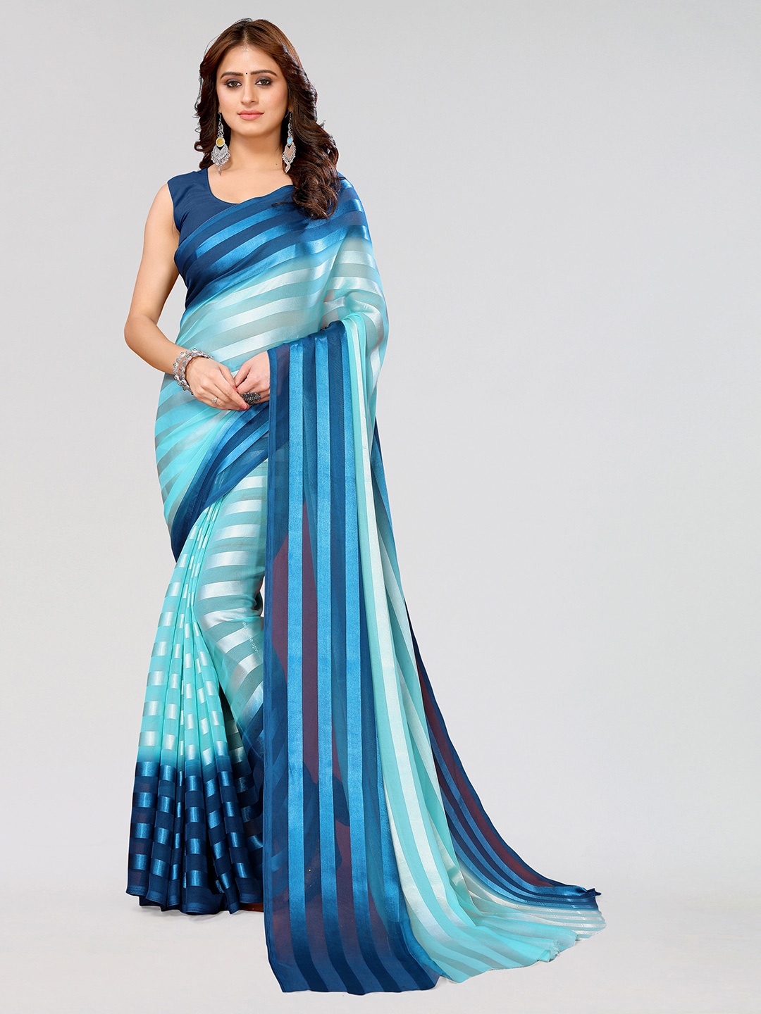 

KALINI Striped Poly Georgette Saree, Blue