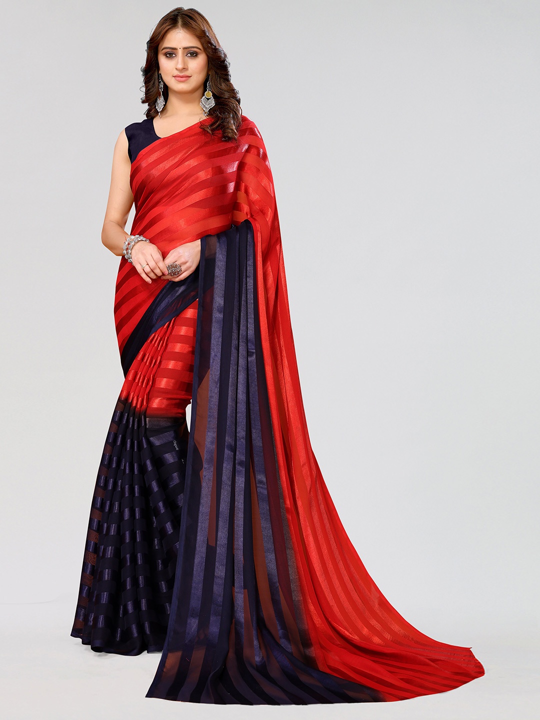 

KALINI Striped Poly Georgette Saree, Navy blue